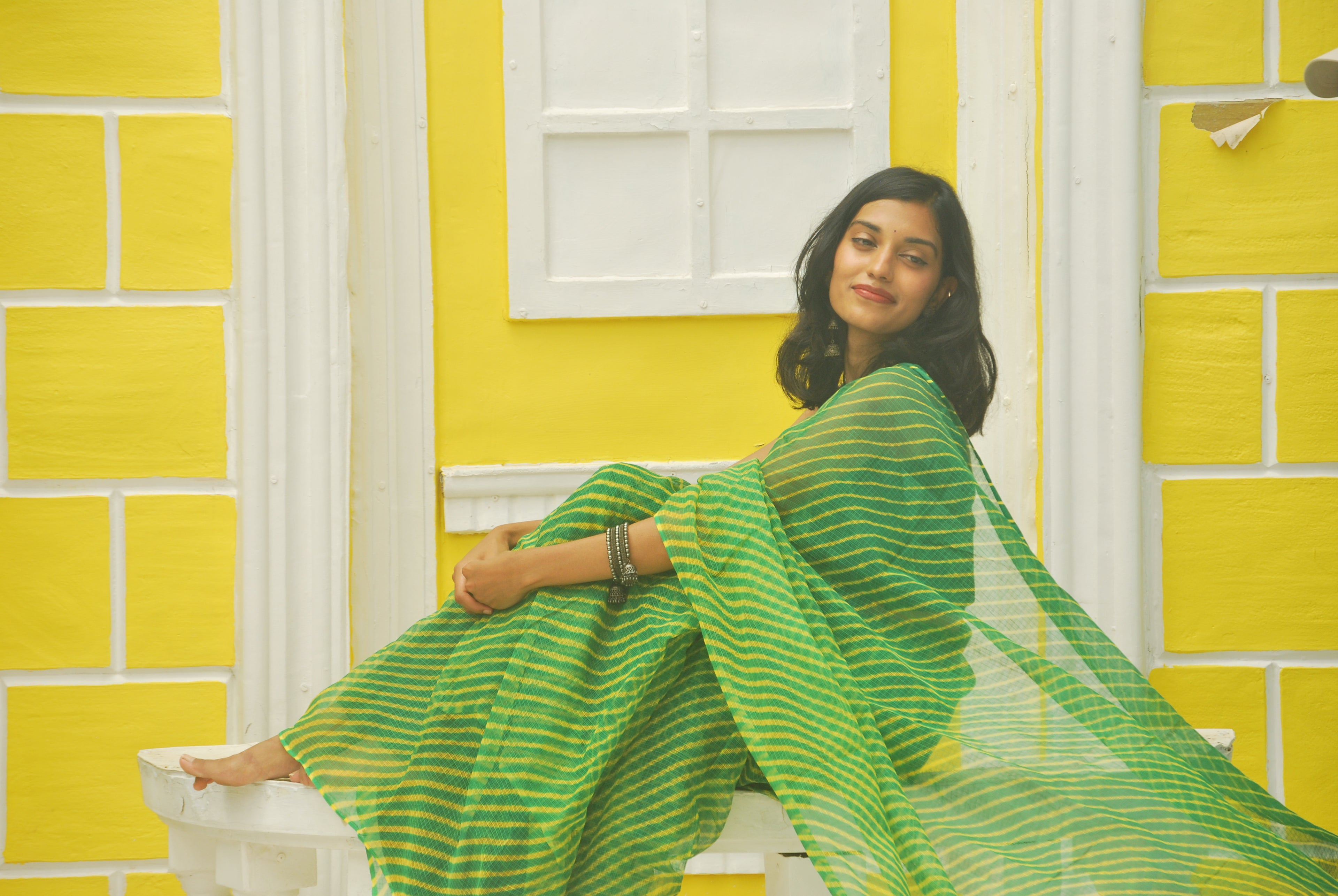 Green & Mustard Leheriya Ensemble