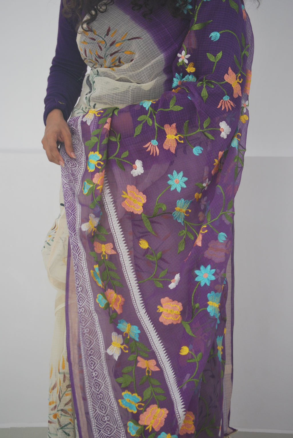 Purple & Cream Hand-Paint & Embroidery Ensemble