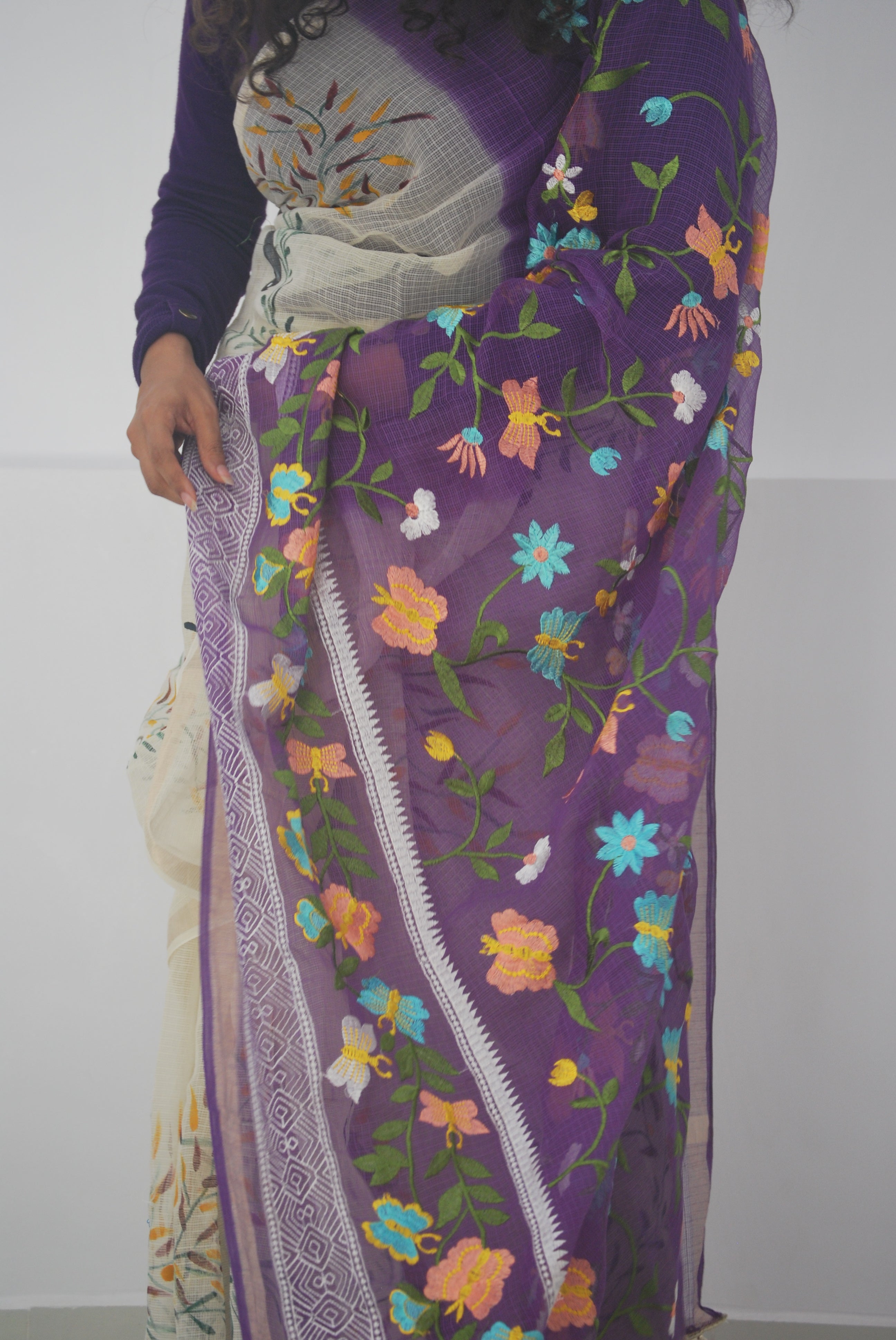 Purple & Cream Hand-Paint & Embroidery Ensemble