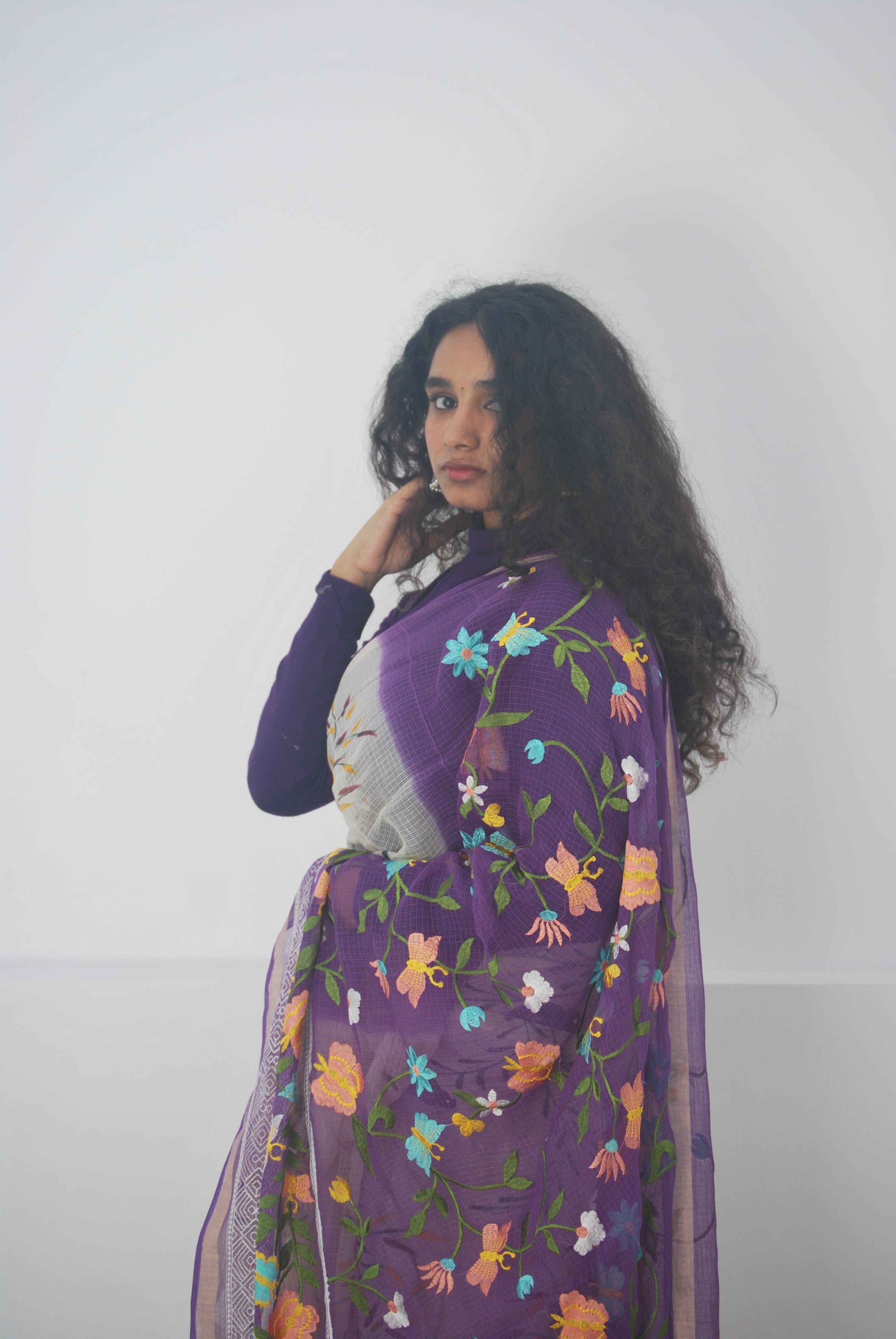 Purple & Cream Hand-Paint & Embroidery Ensemble