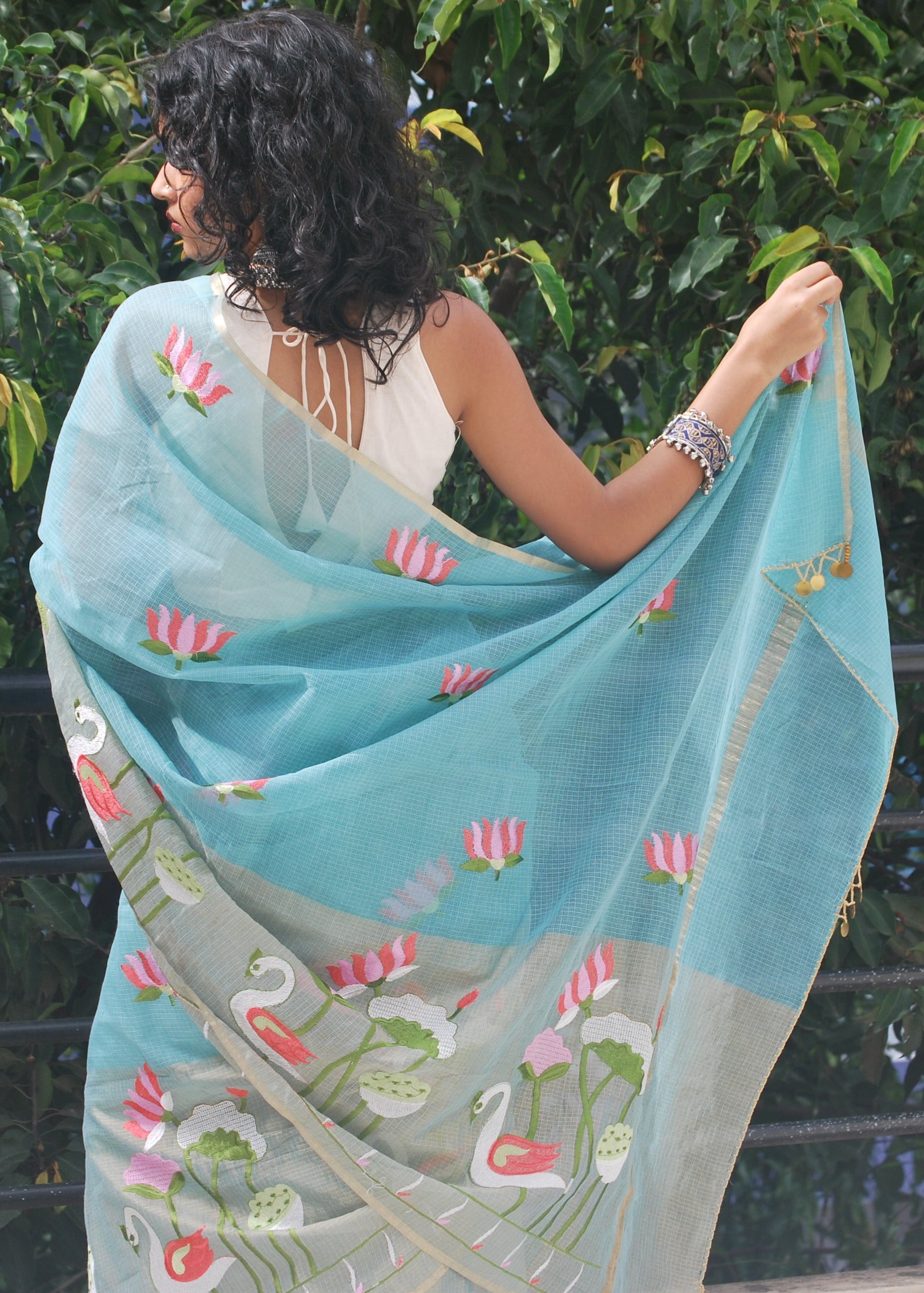 Aqua Mint Half Tissue Saree & Beige Banarasi Blouse Ensemble