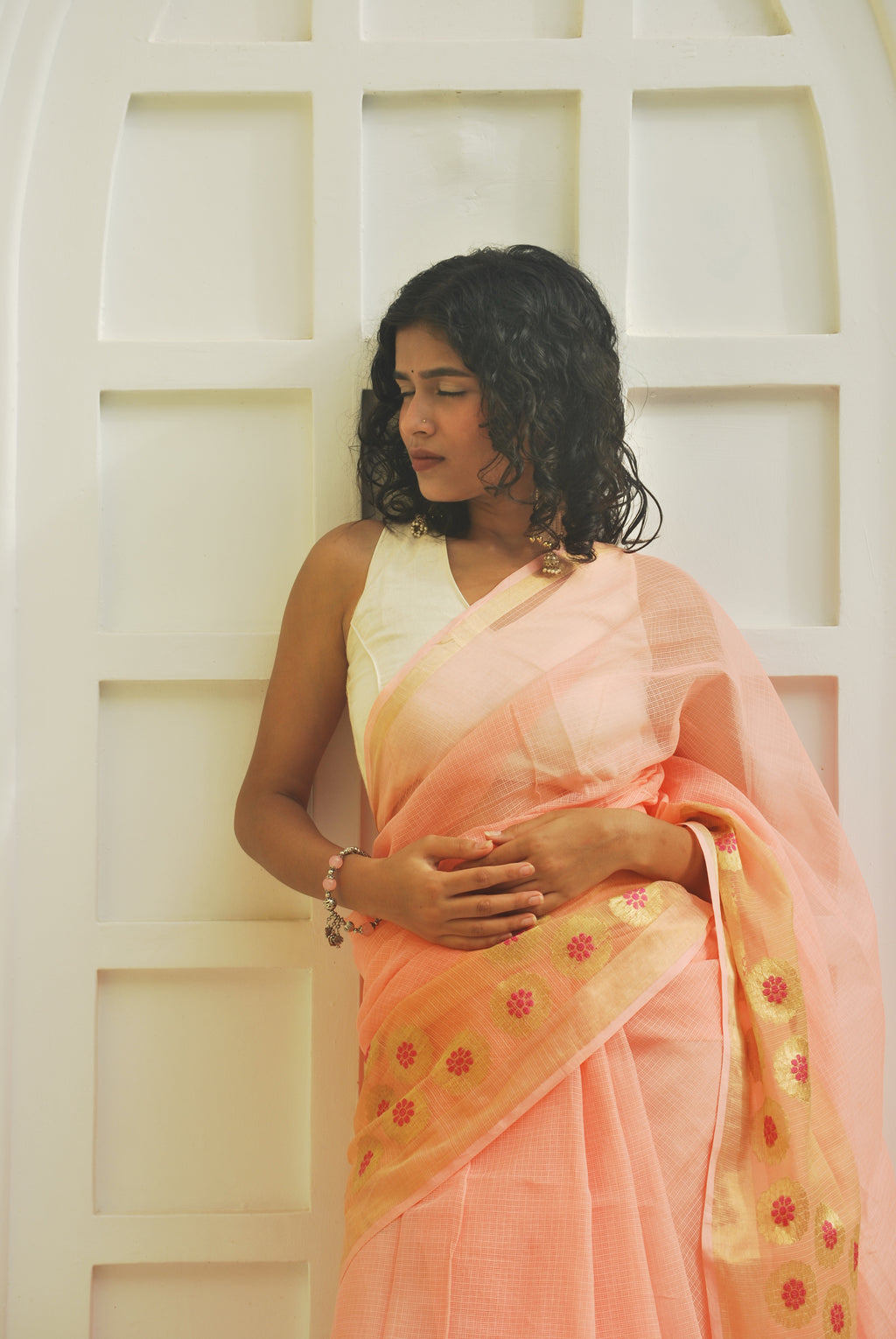 Peach Zari Border Woven Kota & Chiniya Blouse Ensemble