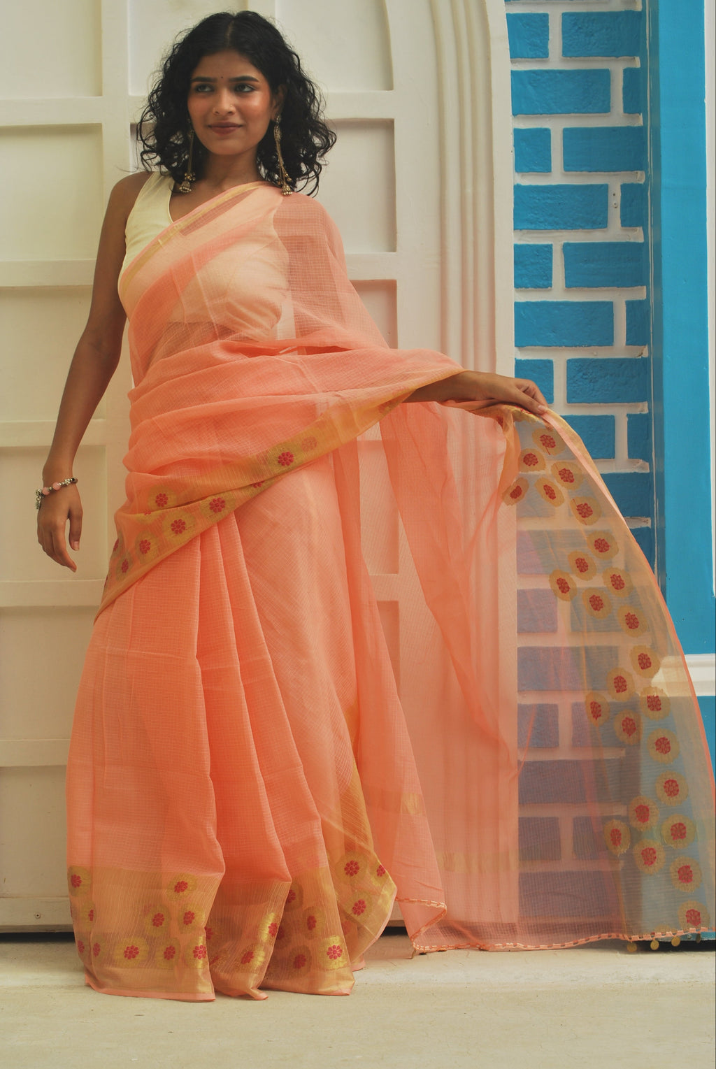 Peach Zari Border Woven Kota & Chiniya Blouse Ensemble