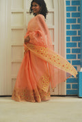 Peach Zari Border Woven Kota & Chiniya Blouse Ensemble