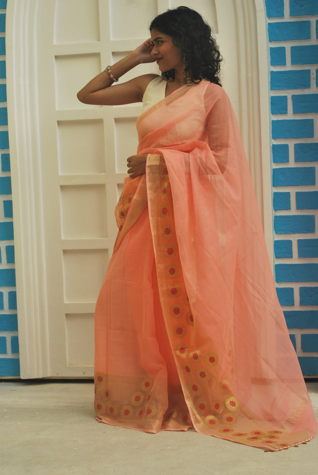 Peach Zari Border Woven Kota & Chiniya Blouse Ensemble
