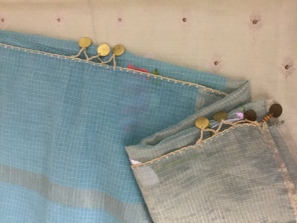 Aqua Mint Half Tissue Saree & Beige Banarasi Blouse Ensemble