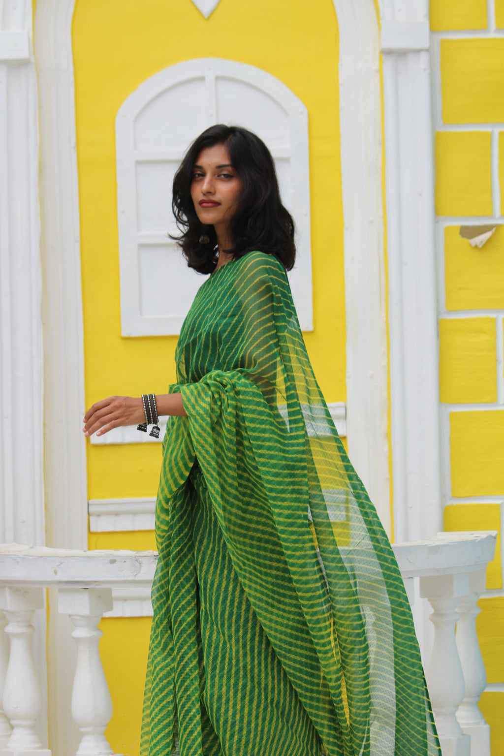 Green & Mustard Leheriya saree & Jamdhani Blouse Ensemble