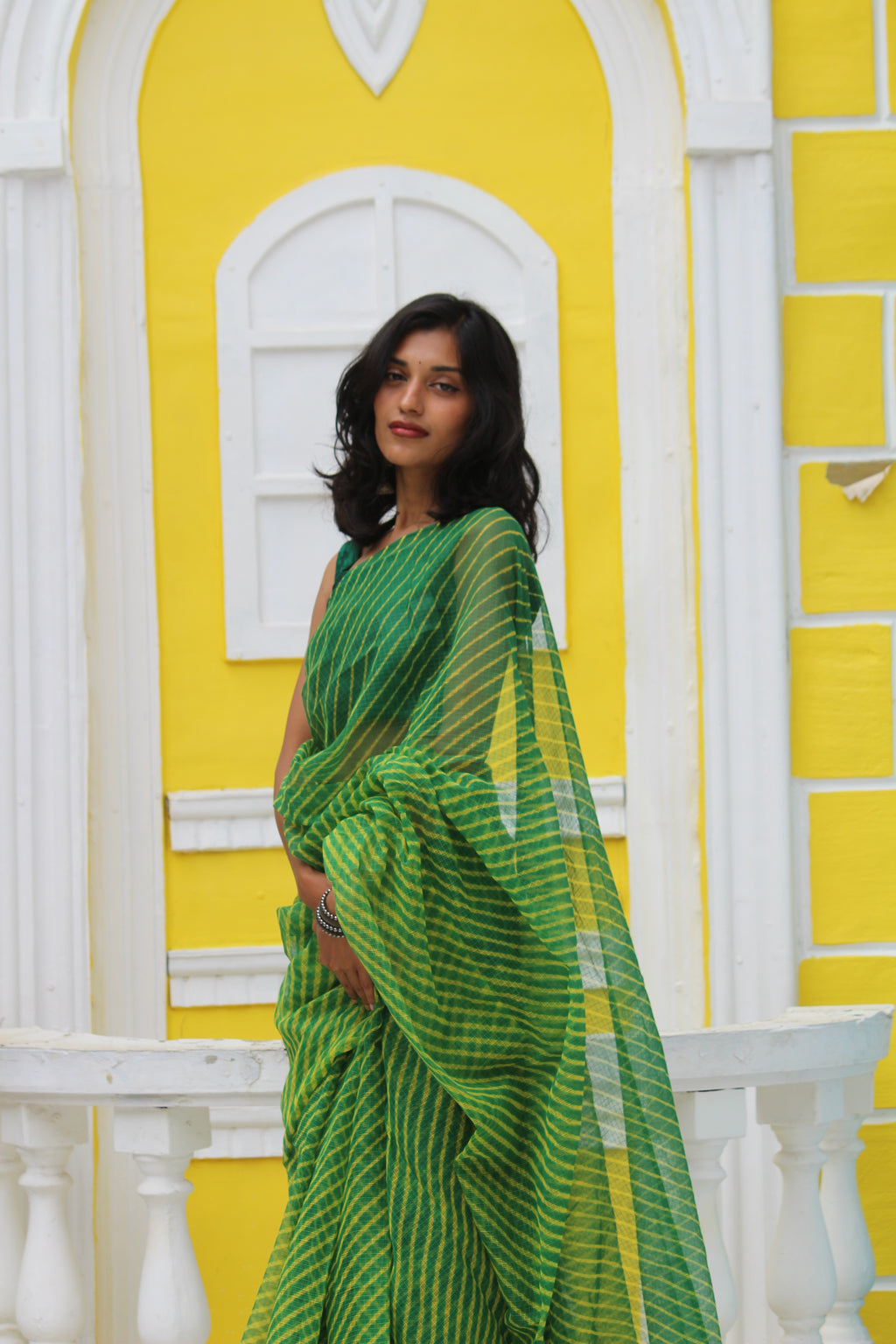 Green & Mustard Leheriya saree & Jamdhani Blouse Ensemble