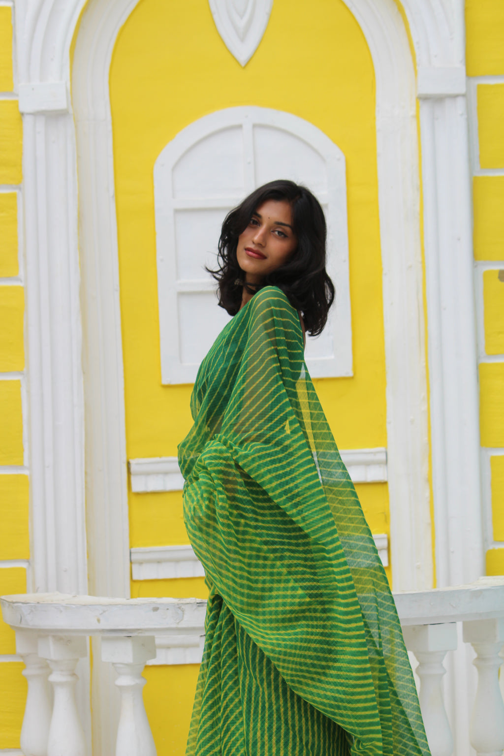 Green & Mustard Leheriya saree & Jamdhani Blouse Ensemble
