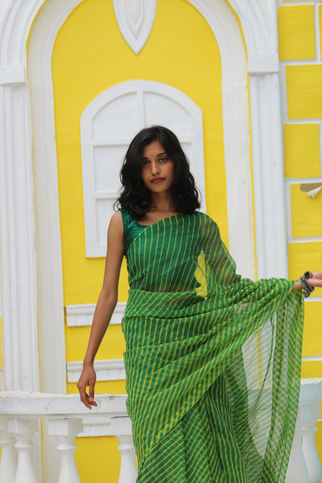 Green & Mustard Leheriya saree & Jamdhani Blouse Ensemble