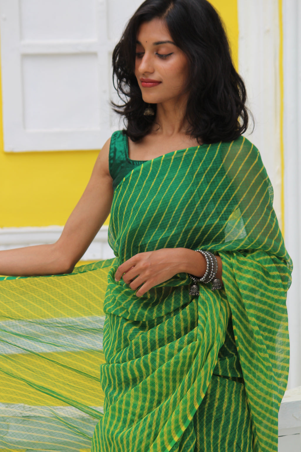 Green & Mustard Leheriya saree & Jamdhani Blouse Ensemble