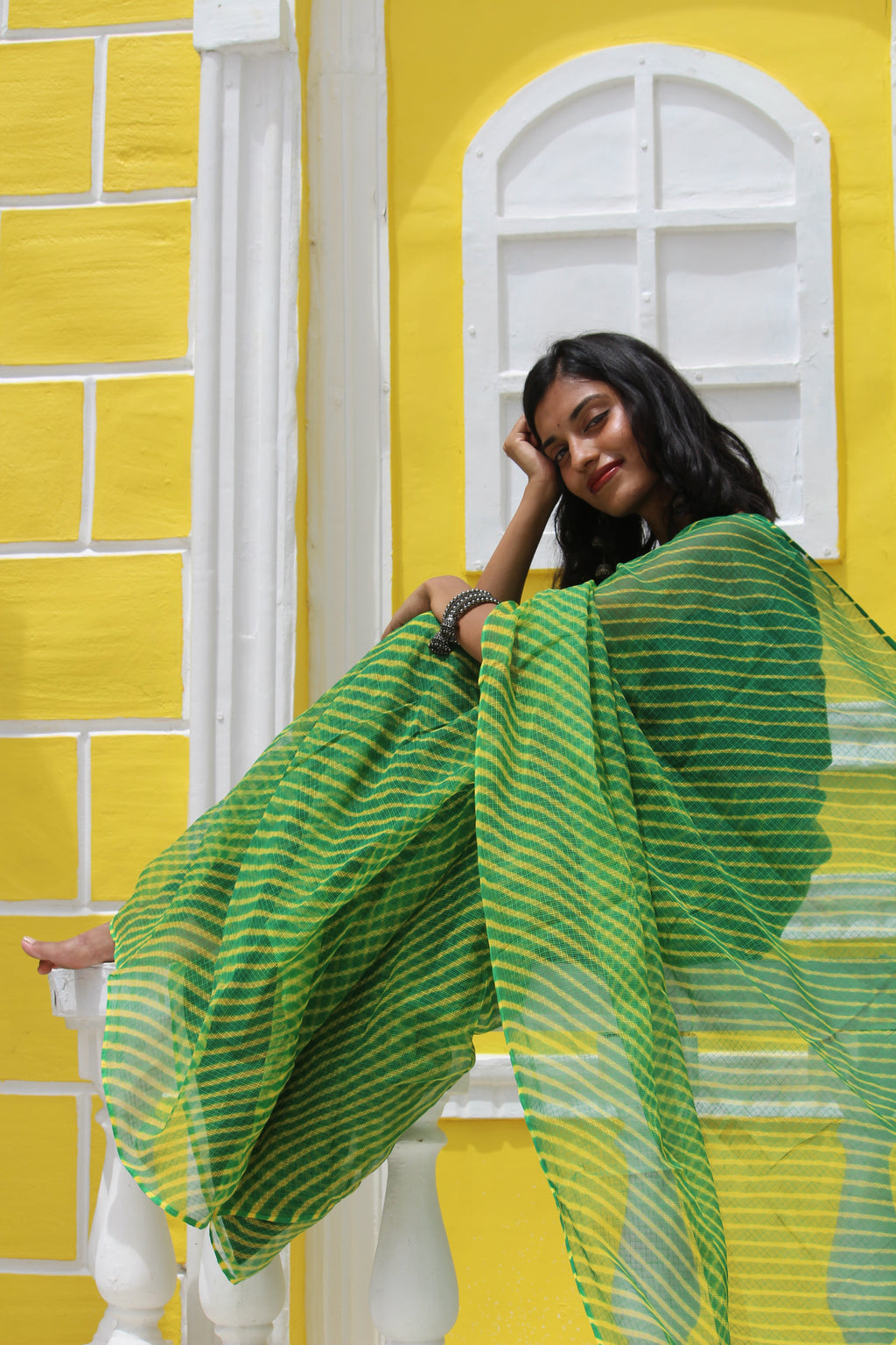 Green & Mustard Leheriya saree & Jamdhani Blouse Ensemble
