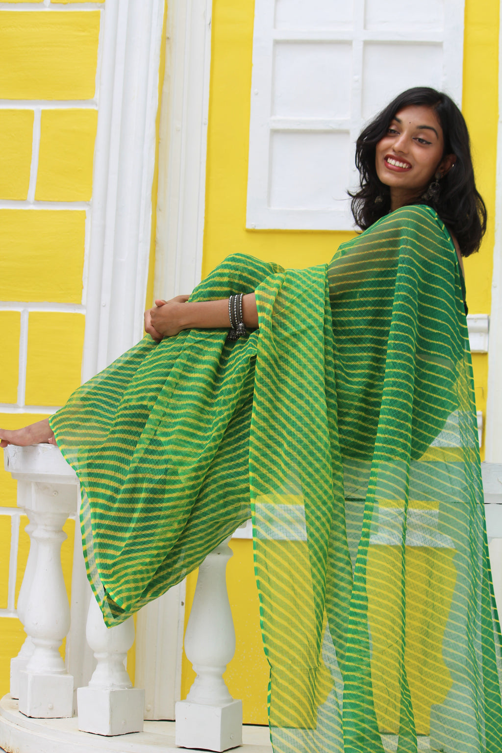 Green & Mustard Leheriya saree & Jamdhani Blouse Ensemble
