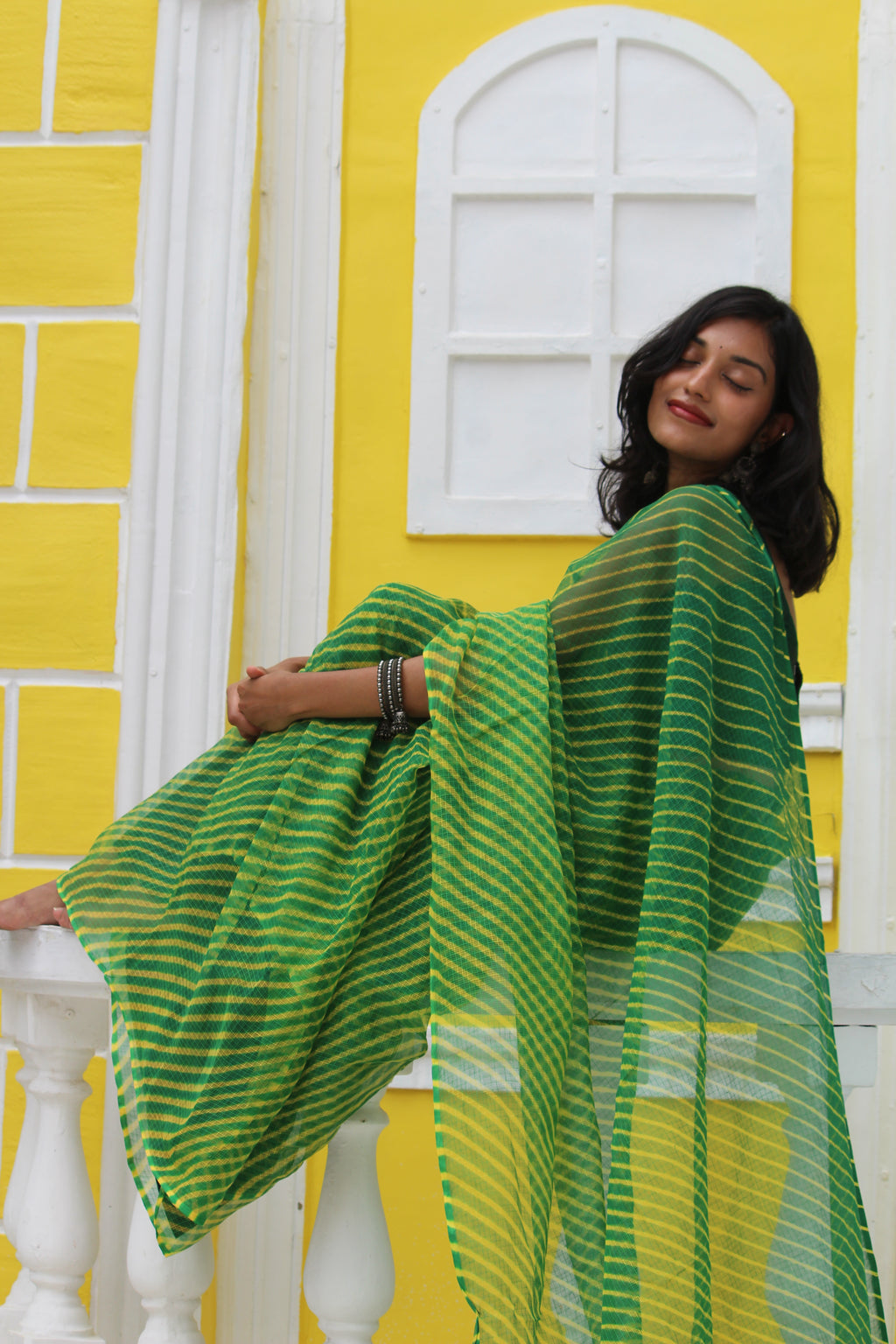 Green & Mustard Leheriya saree & Jamdhani Blouse Ensemble