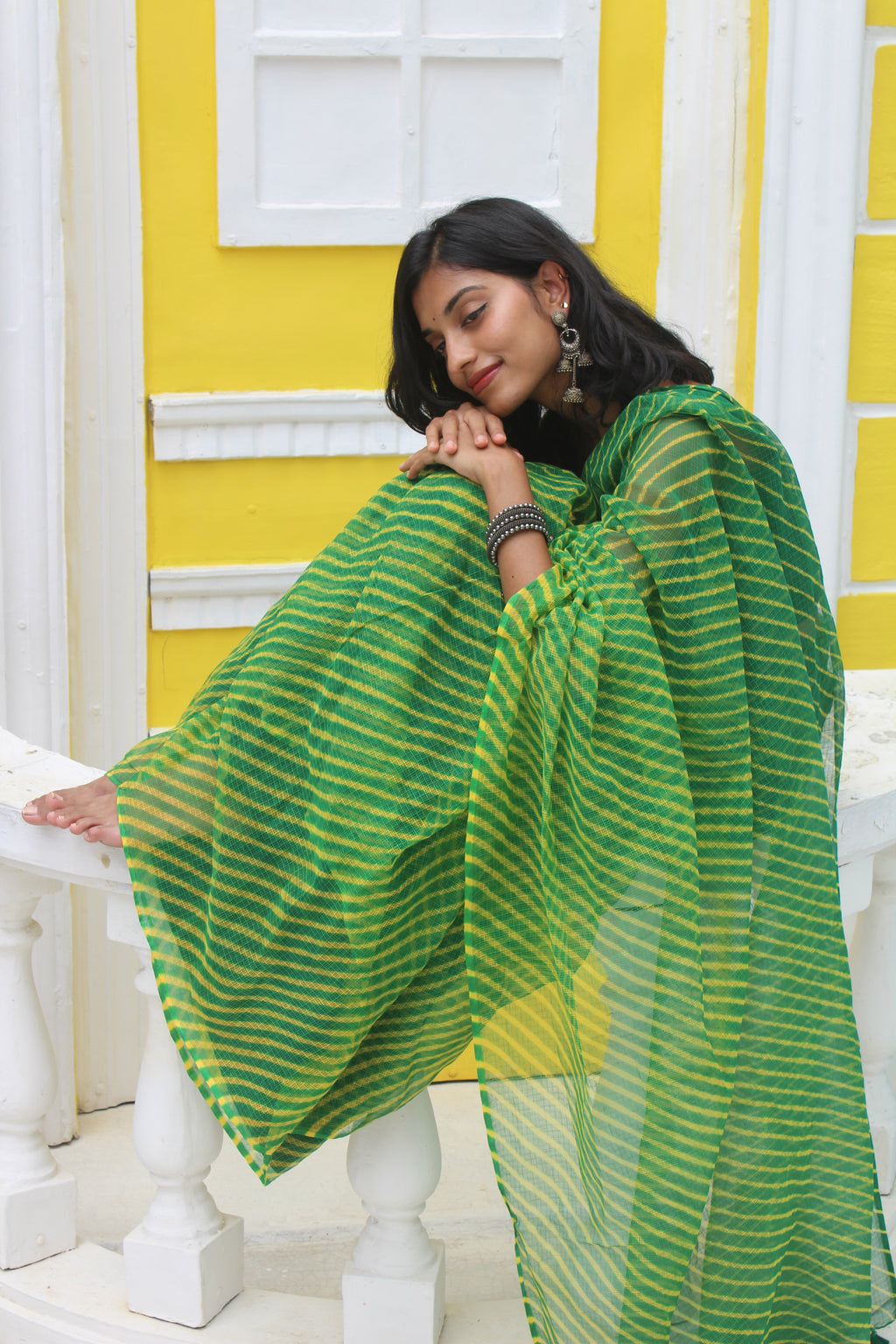 Green & Mustard Leheriya saree & Jamdhani Blouse Ensemble