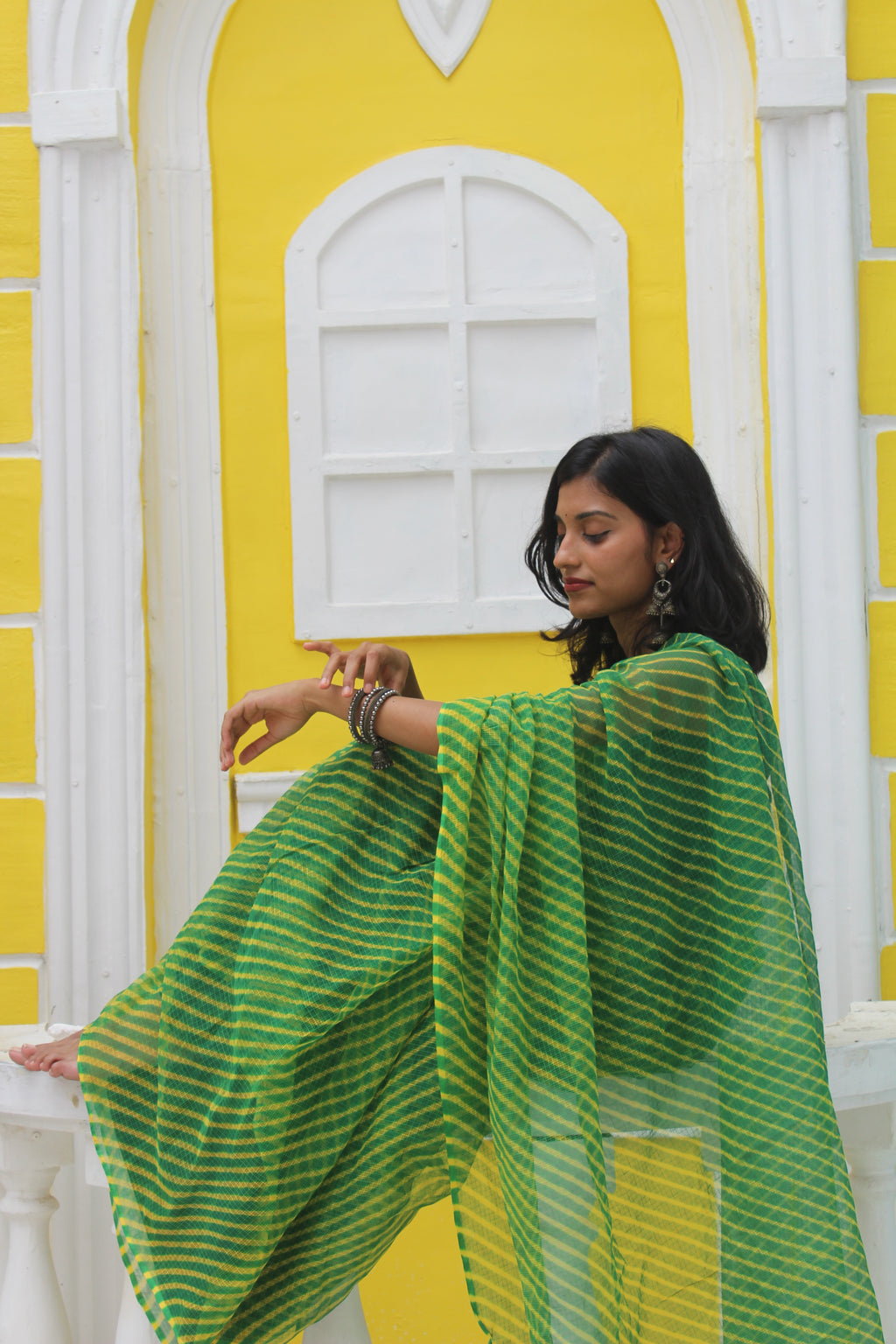 Green & Mustard Leheriya saree & Jamdhani Blouse Ensemble