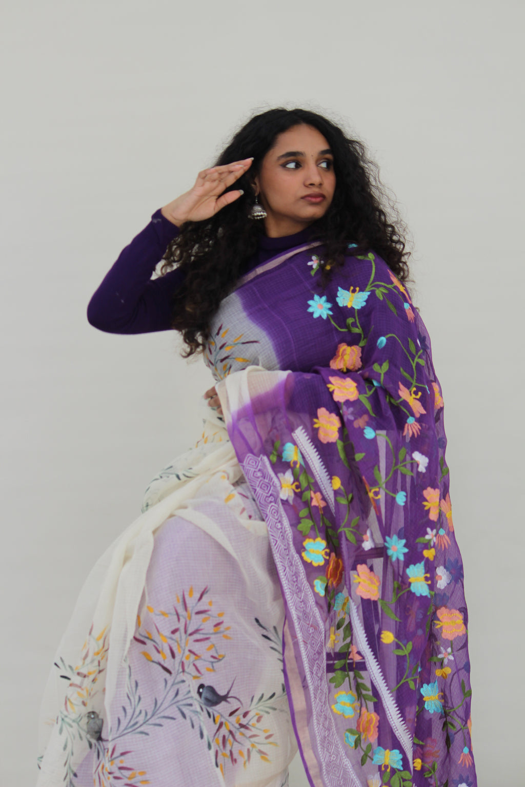 Purple & Cream Hand-Paint & Embroidery Ensemble