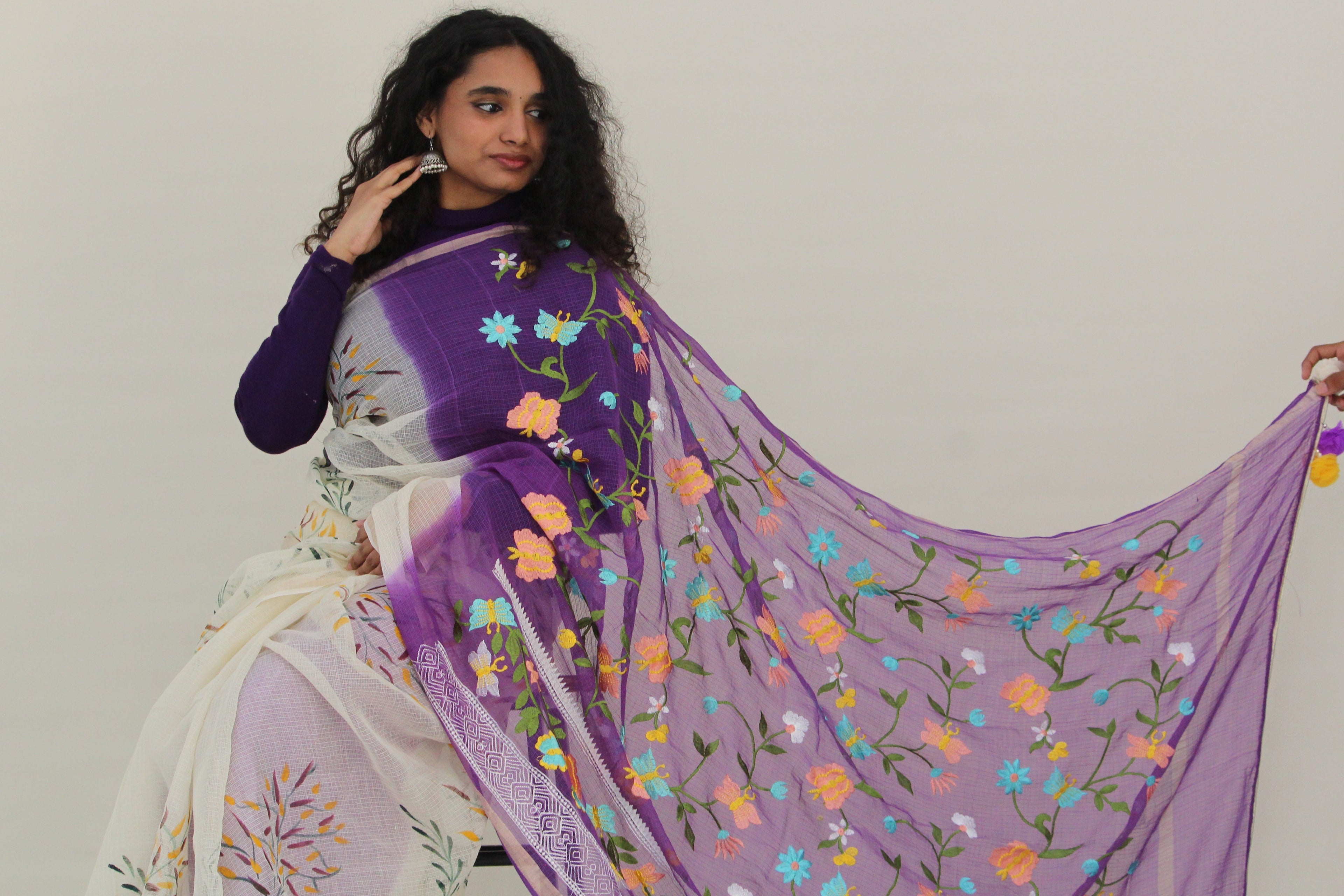 Purple & Cream Hand-Paint & Embroidery Ensemble