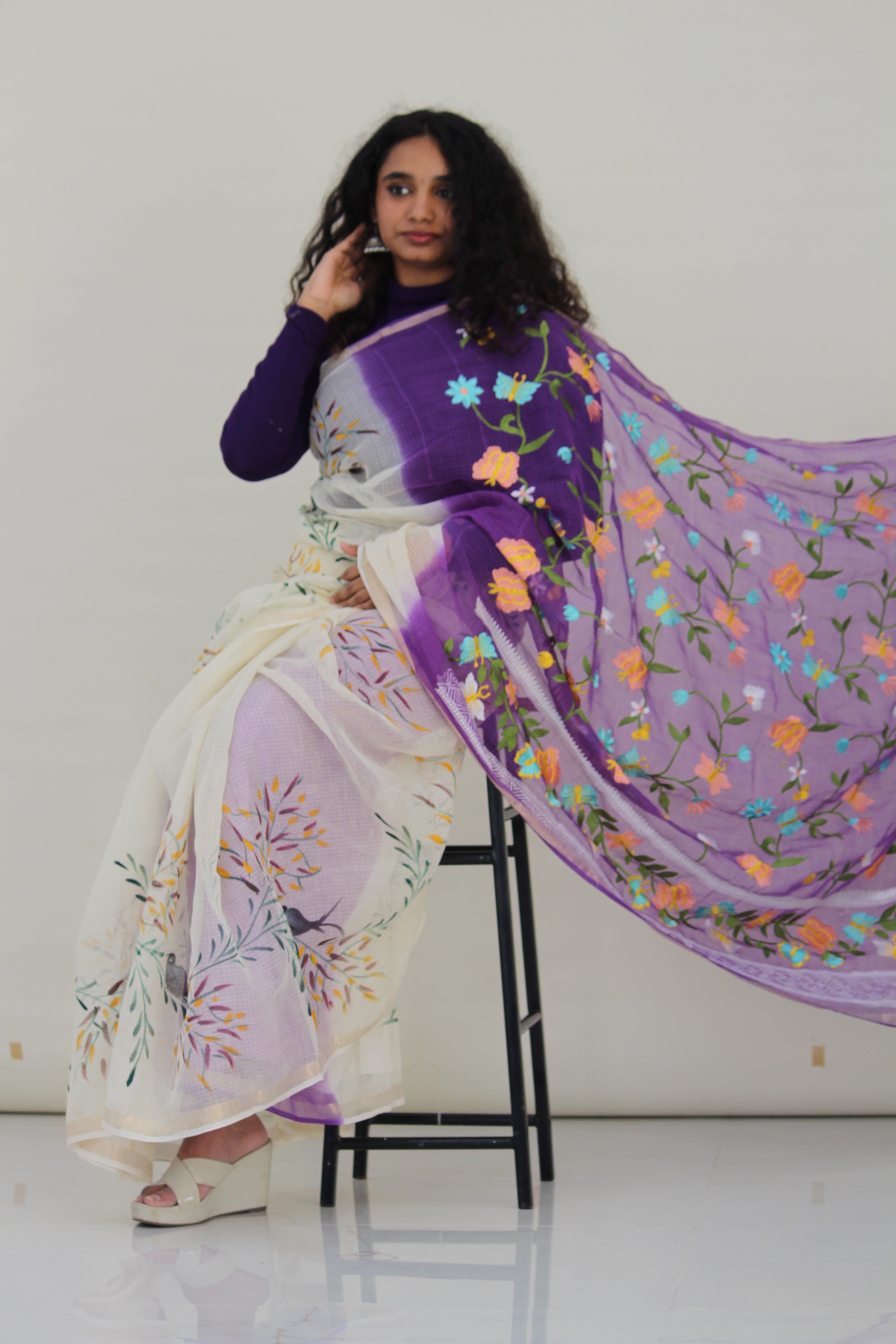 Purple & Cream Hand-Paint & Embroidery Ensemble