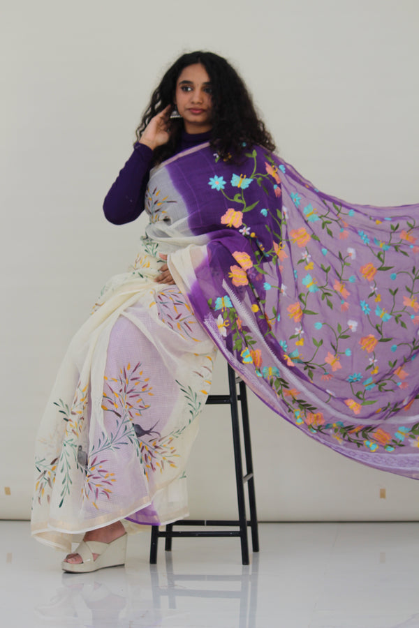 Purple & Cream Hand-Paint & Embroidery Ensemble
