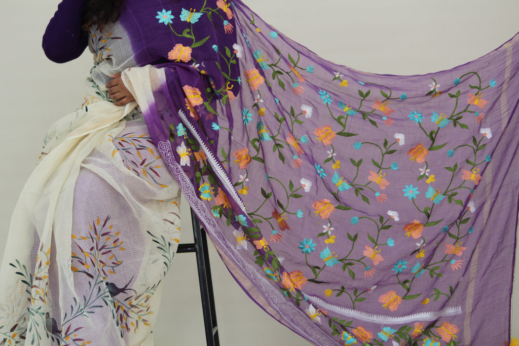 Purple & Cream Hand-Paint & Embroidery Ensemble