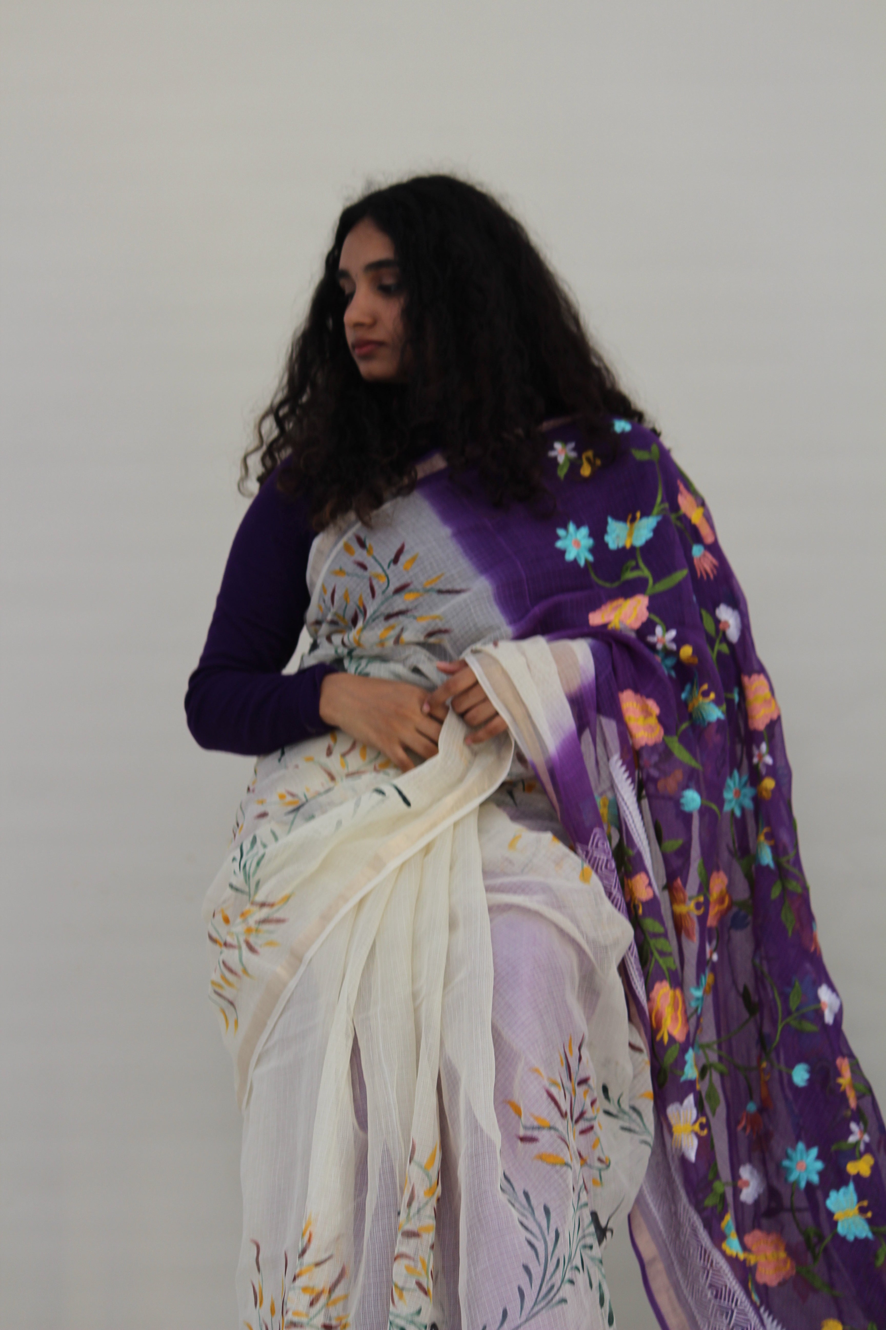 Purple & Cream Hand-Paint & Embroidery Ensemble