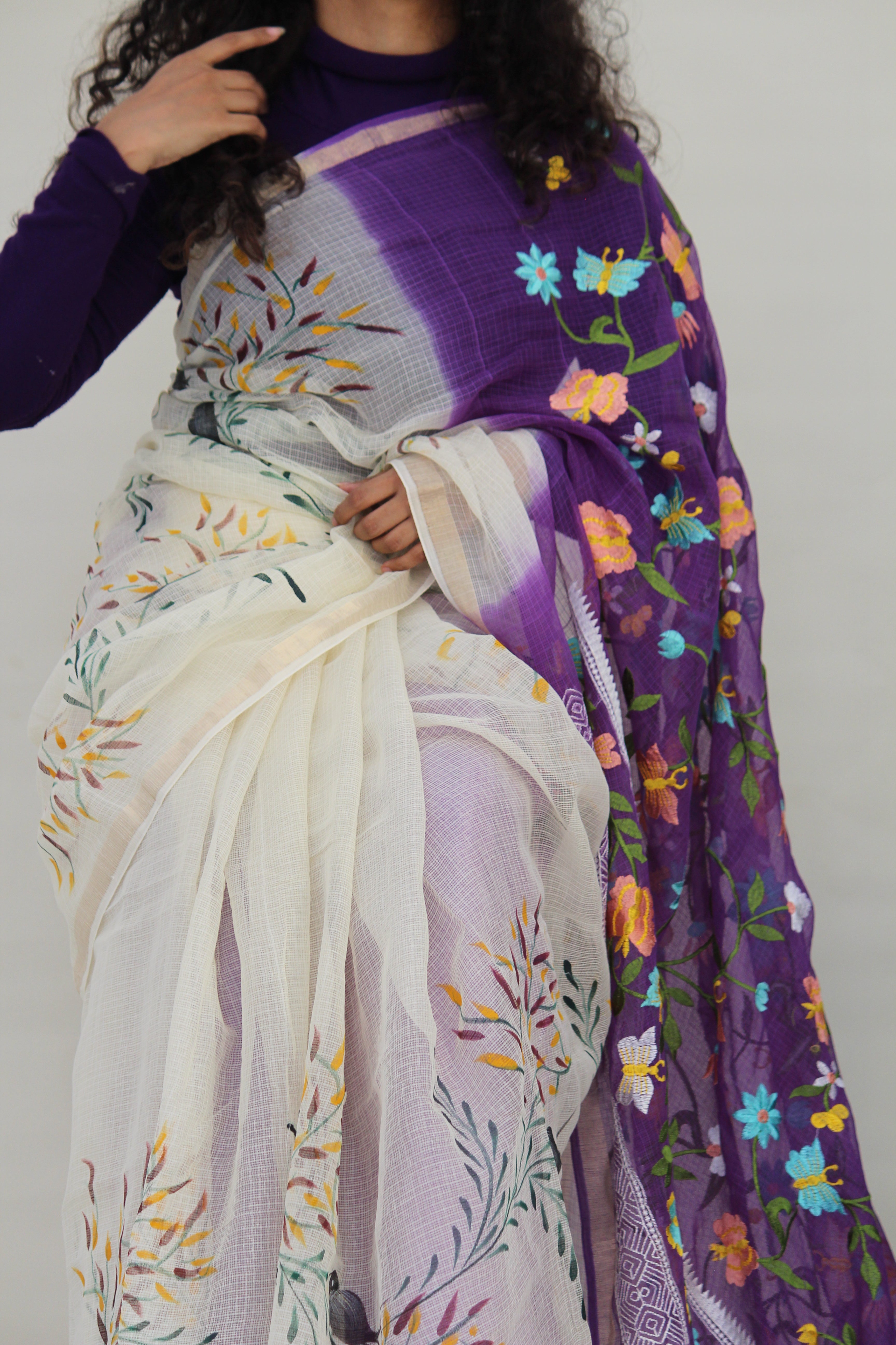 Purple & Cream Hand-Paint & Embroidery Ensemble