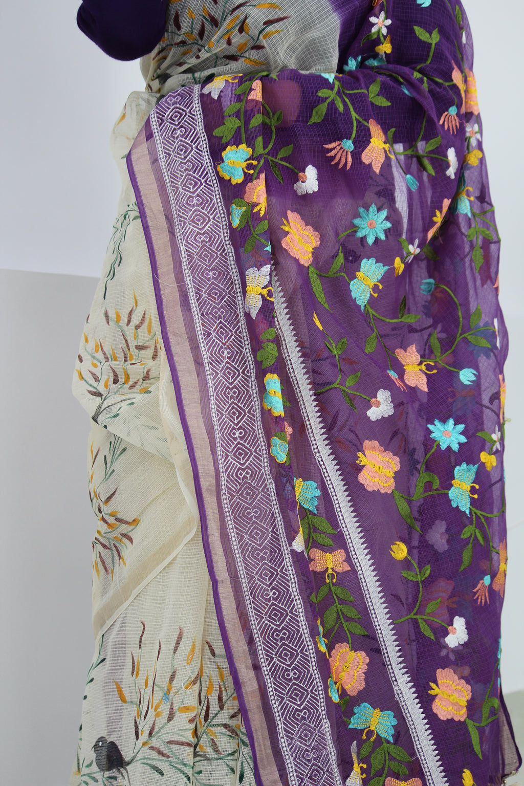Purple & Cream Hand-Paint & Embroidery Ensemble