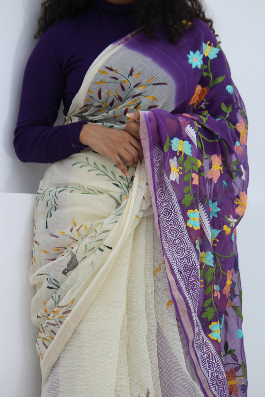 Purple & Cream Hand-Paint & Embroidery Ensemble