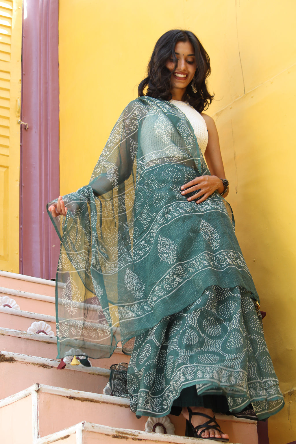 Teal & Mustard Bandhani Sari & Block Printed  Blouse Ensemble