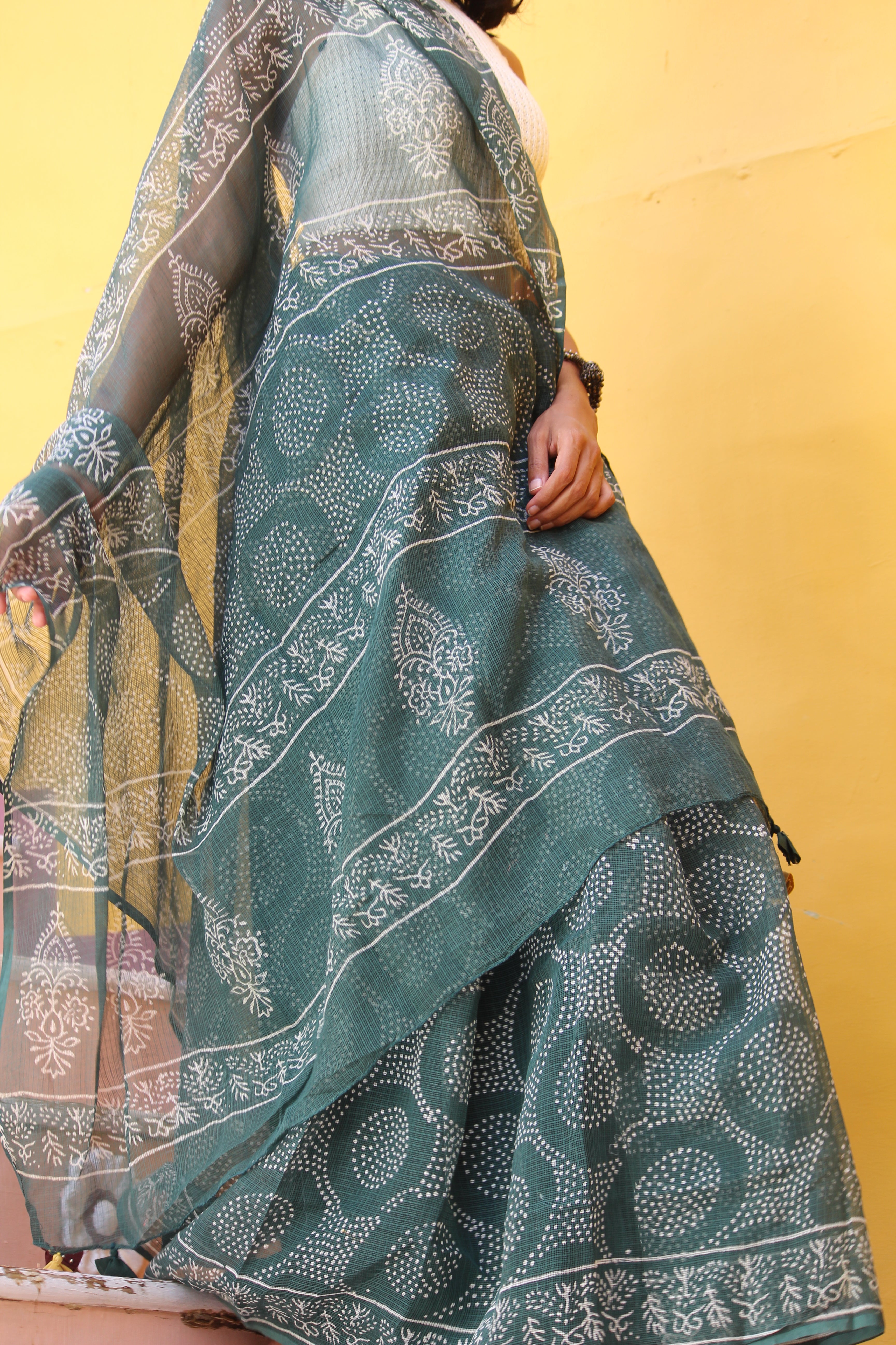 Teal & Mustard Bandhani Sari & Block Printed  Blouse Ensemble