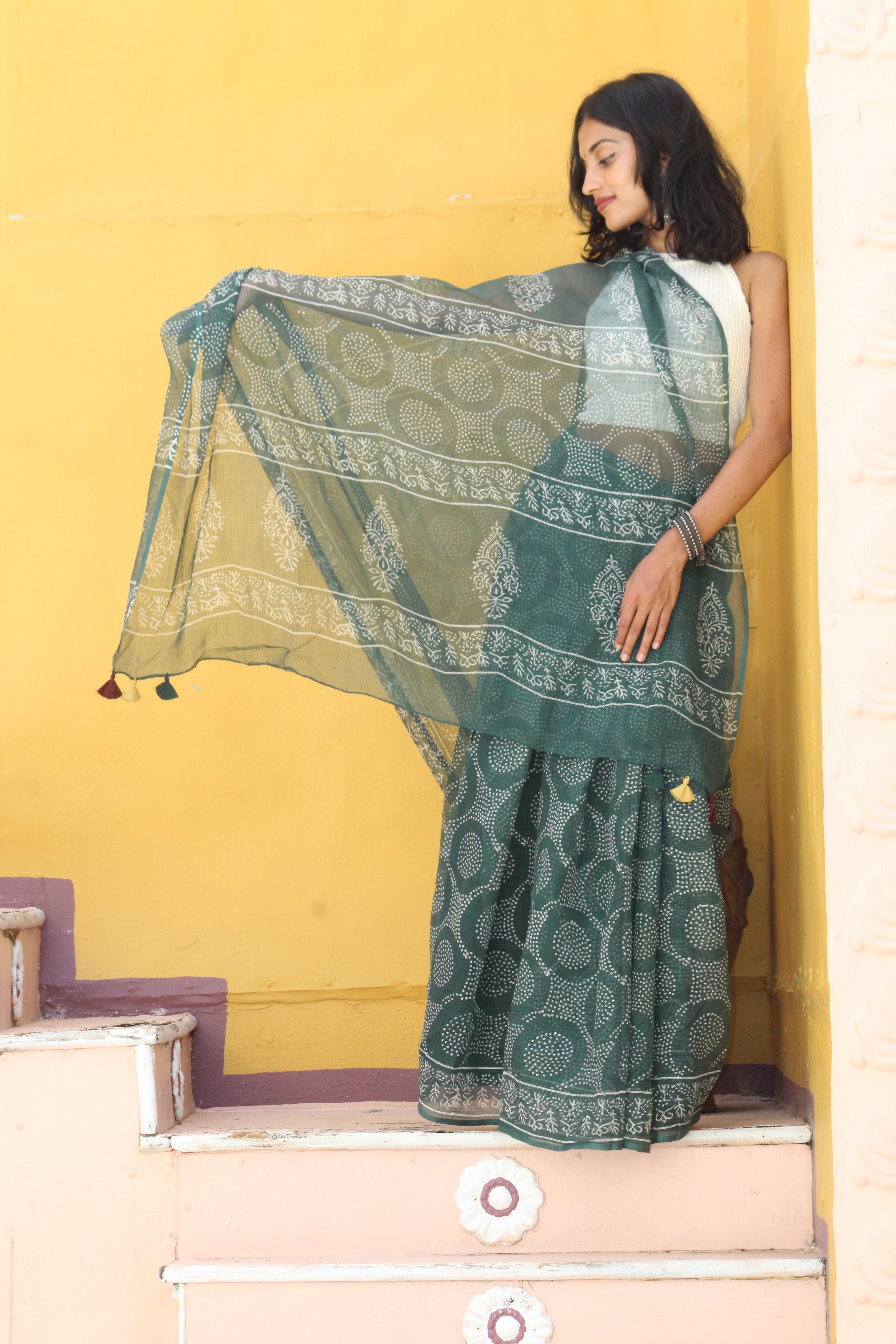 Teal & Mustard Bandhani Sari & Block Printed  Blouse Ensemble