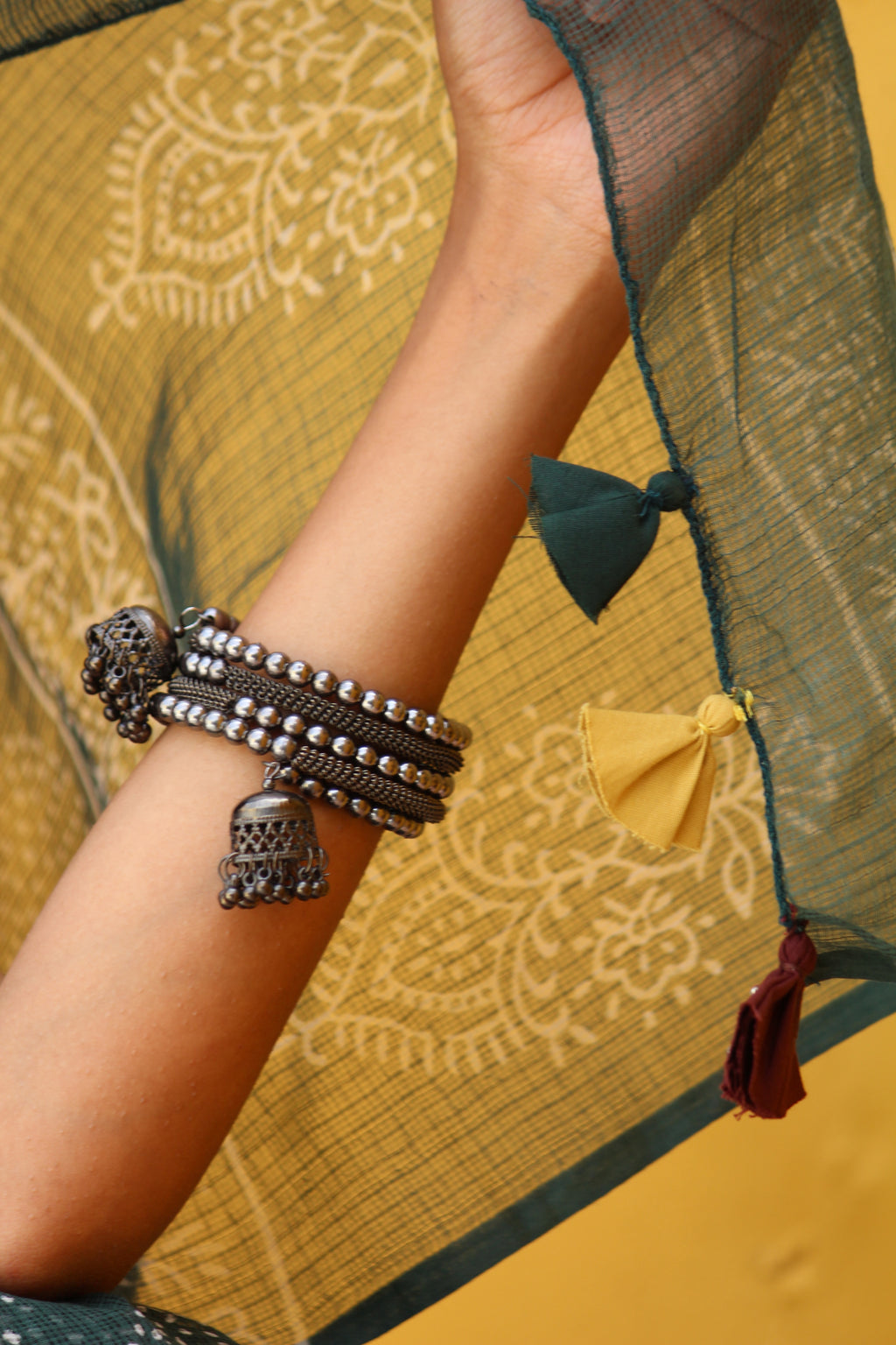 Teal & Mustard Bandhani Sari & Block Printed  Blouse Ensemble