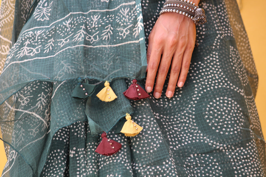 Teal & Mustard Bandhani Sari & Block Printed  Blouse Ensemble