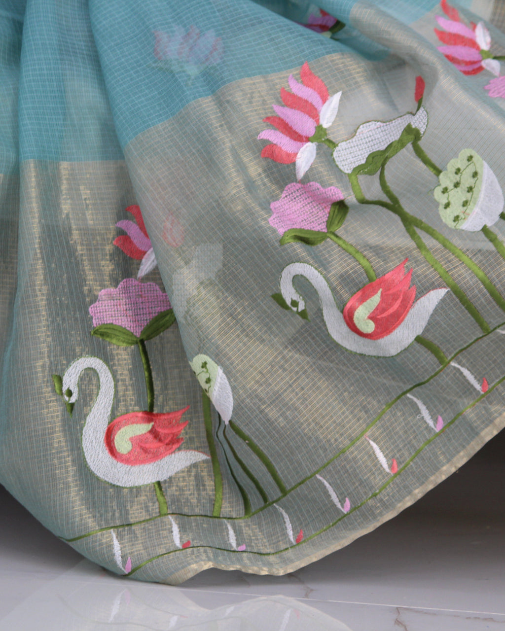 Aqua Mint Half Tissue Saree & Beige Banarasi Blouse Ensemble