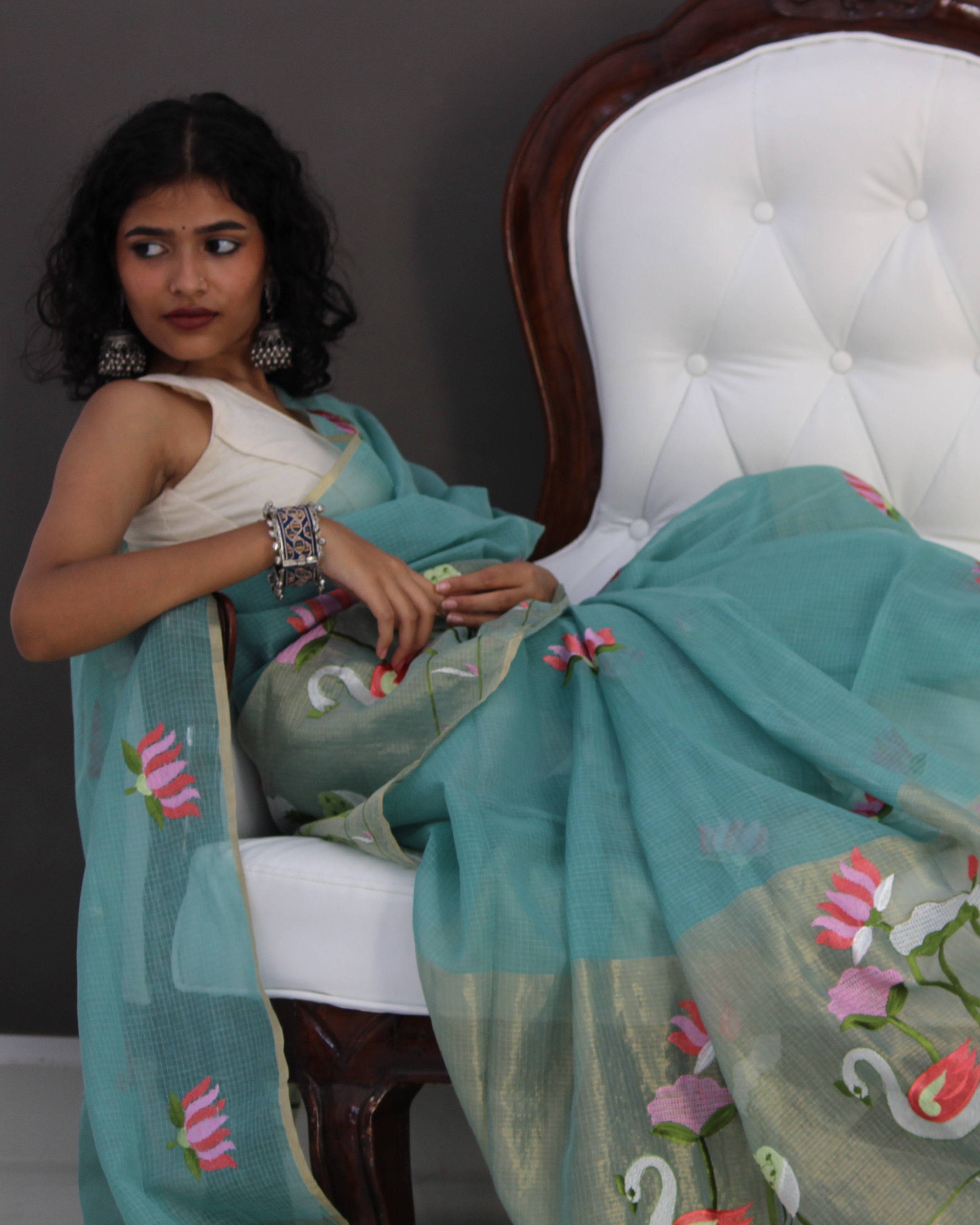 Aqua Mint Half Tissue Saree & Beige Banarasi Blouse Ensemble