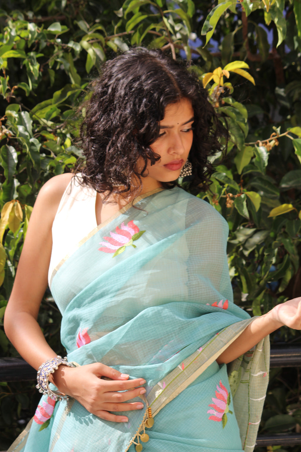 Aqua Mint Half Tissue Saree & Beige Banarasi Blouse Ensemble