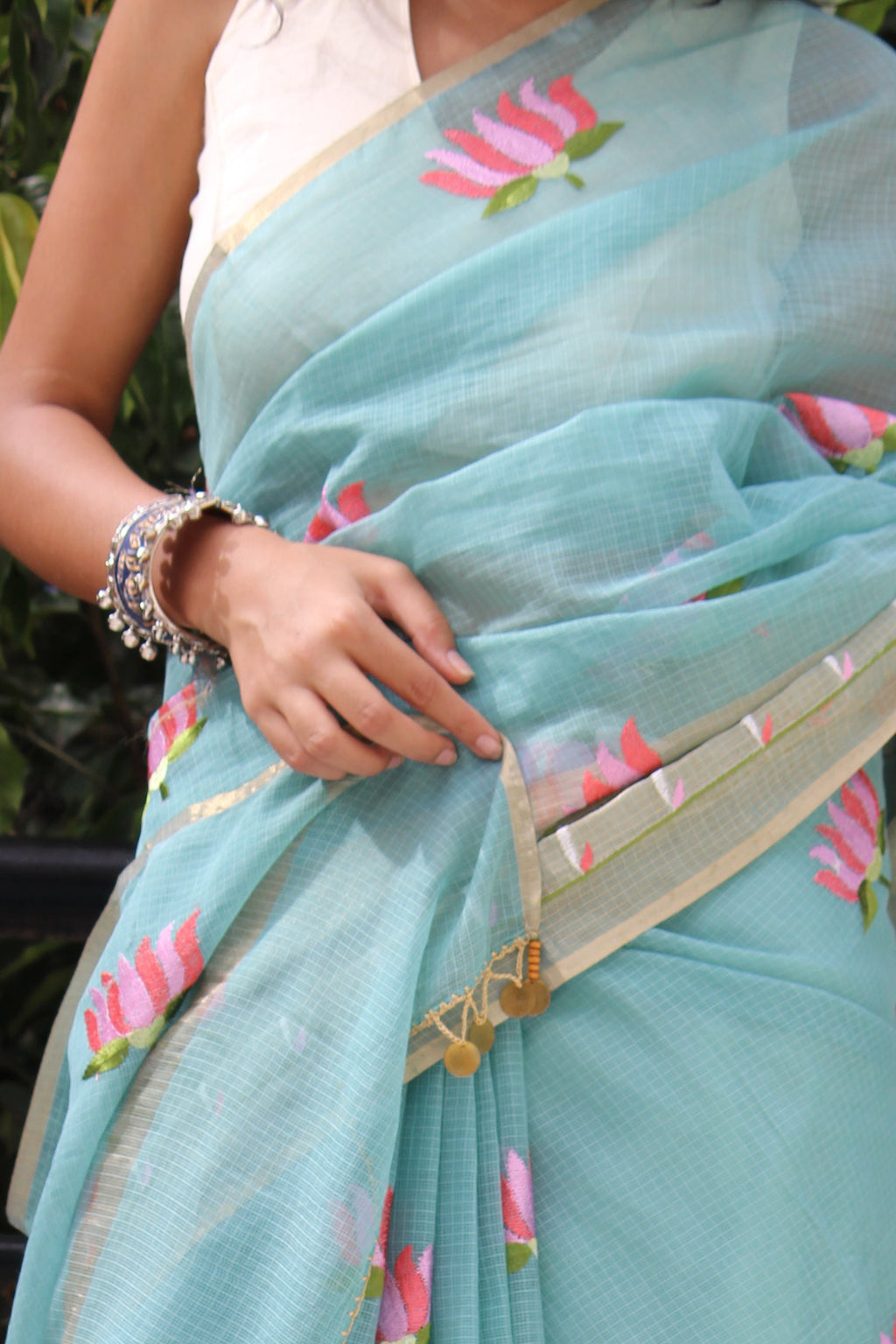 Aqua Mint Half Tissue Saree & Beige Banarasi Blouse Ensemble