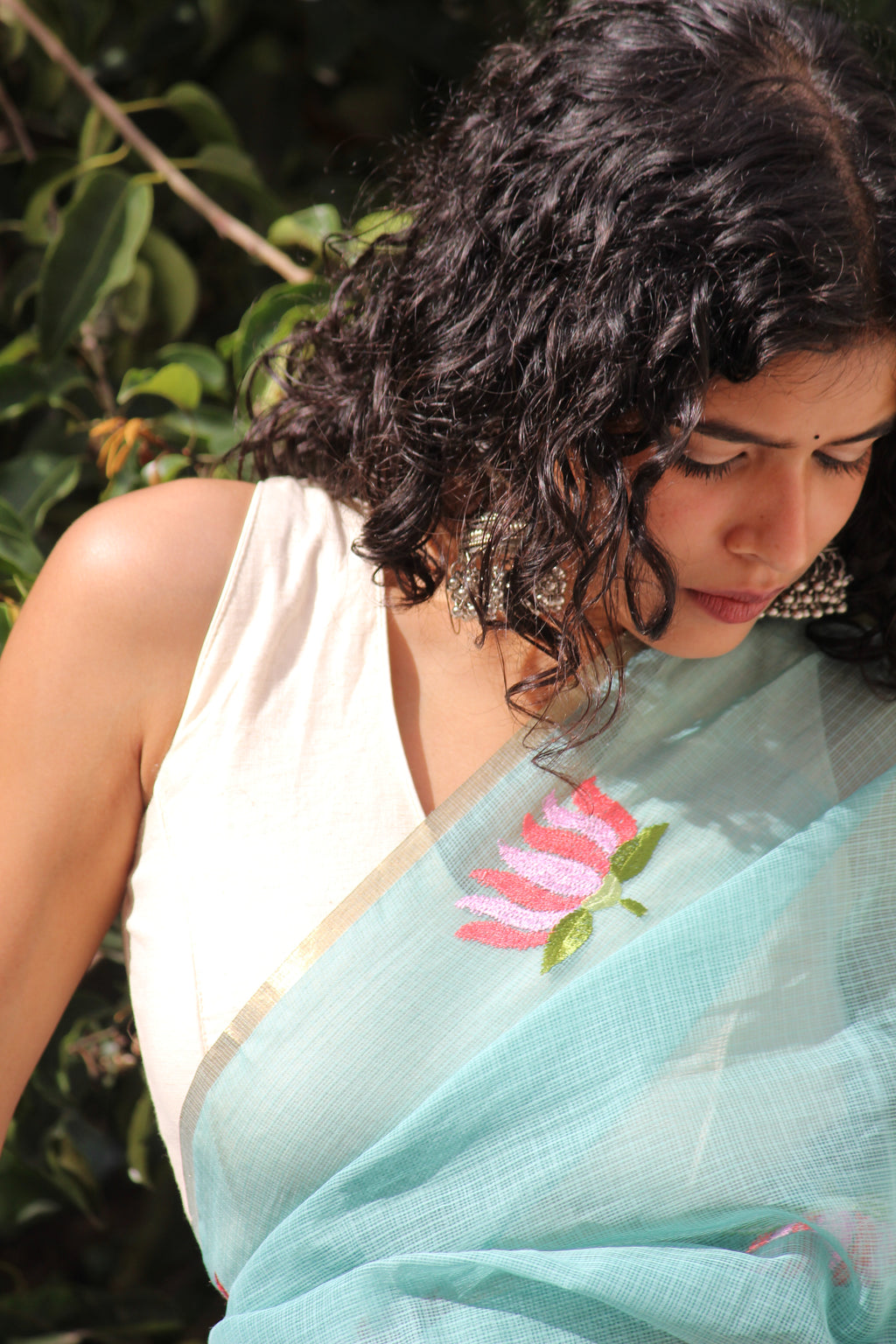 Aqua Mint Half Tissue Saree & Beige Banarasi Blouse Ensemble