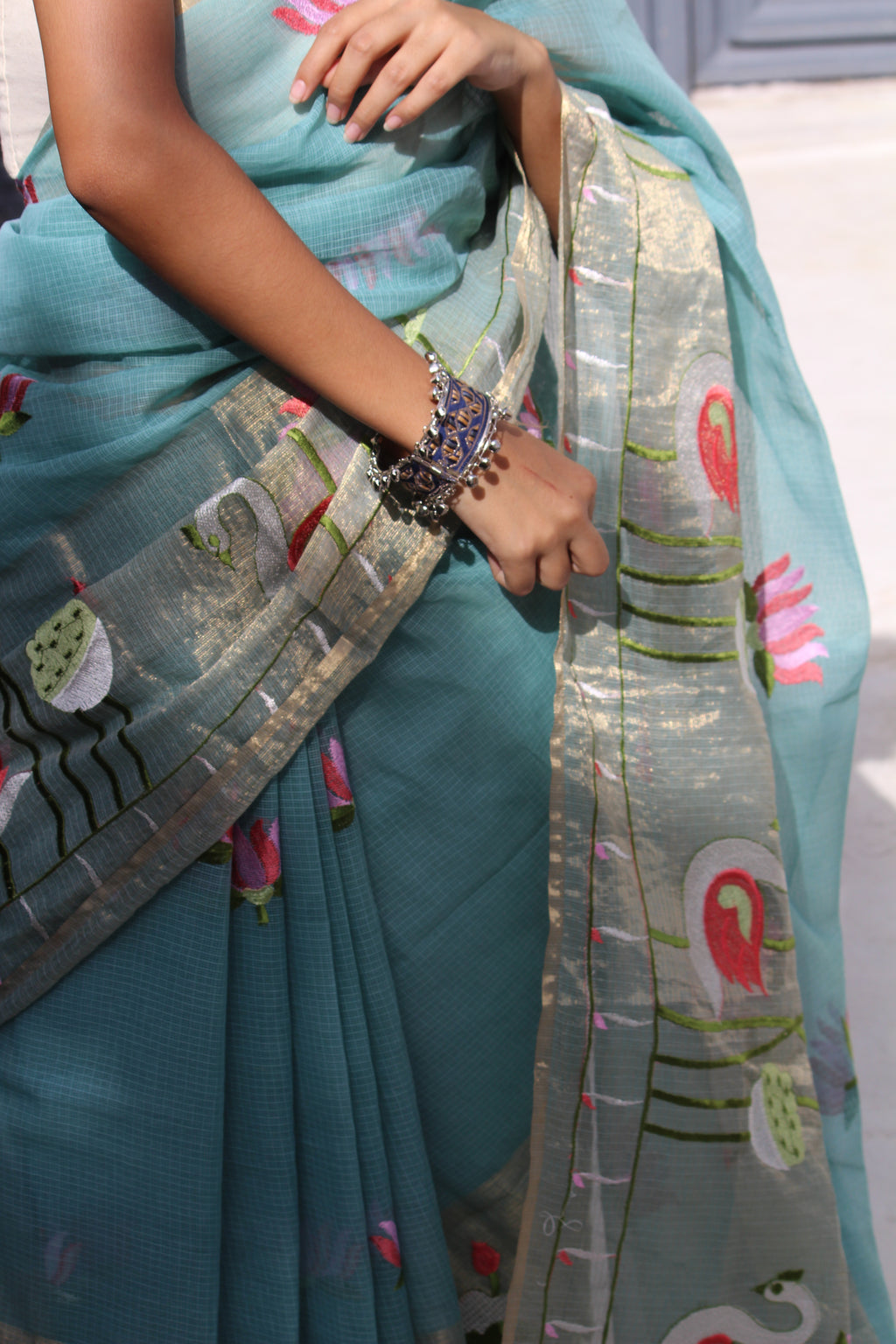 Aqua Mint Half Tissue Saree & Beige Banarasi Blouse Ensemble