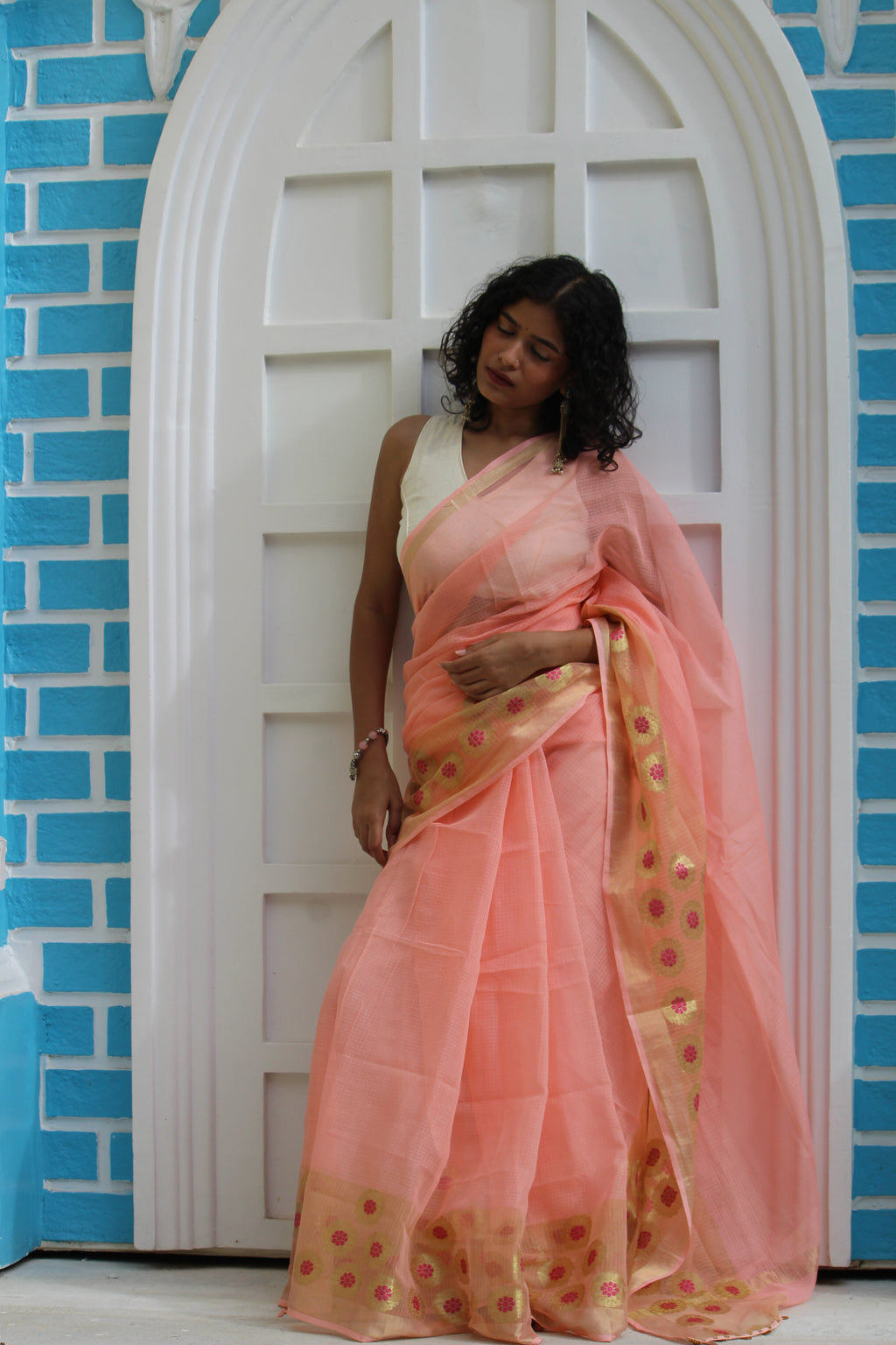 Peach Zari Border Woven Kota & Chiniya Blouse Ensemble