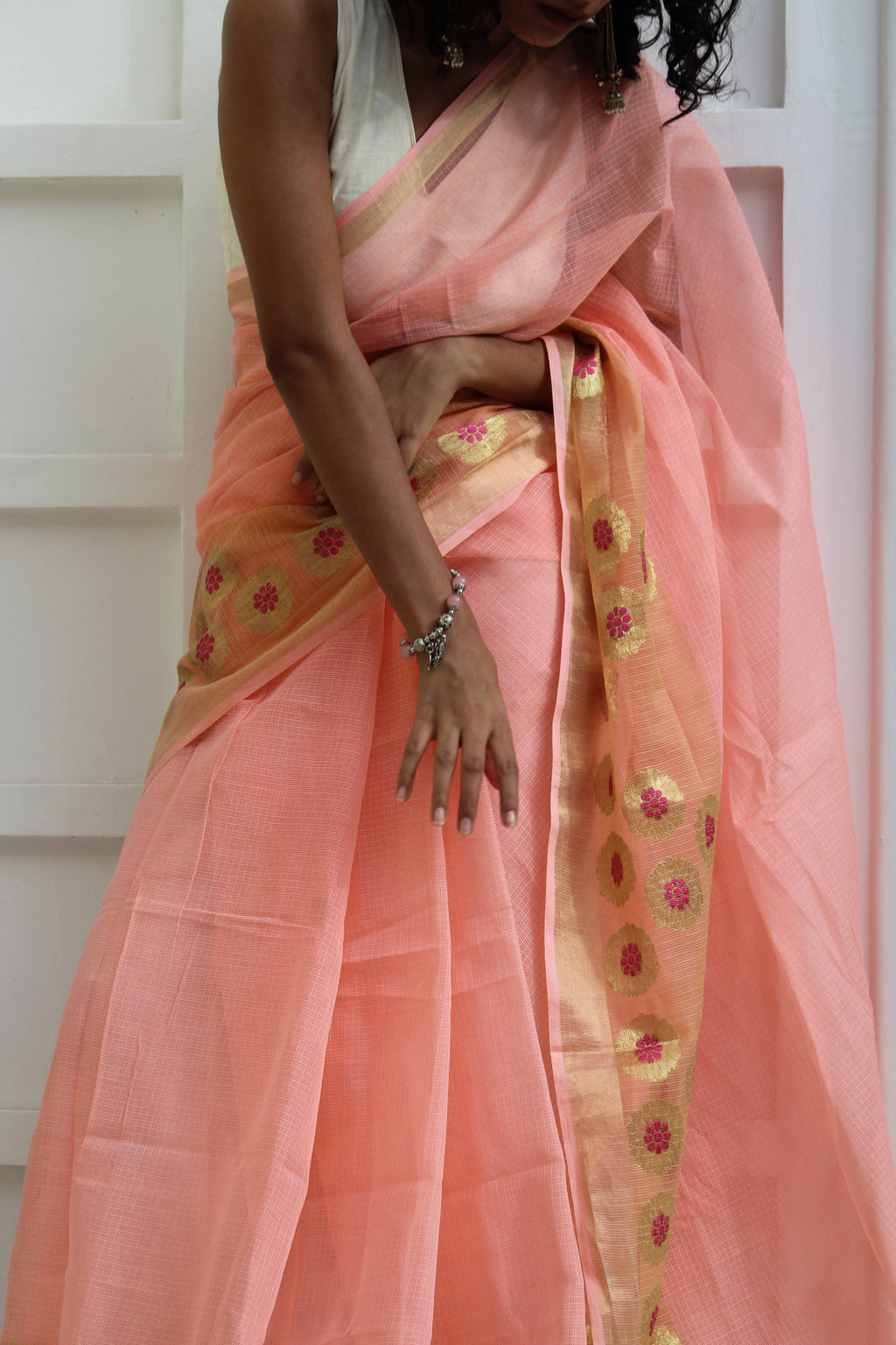 Peach Zari Border Woven Kota & Chiniya Blouse Ensemble
