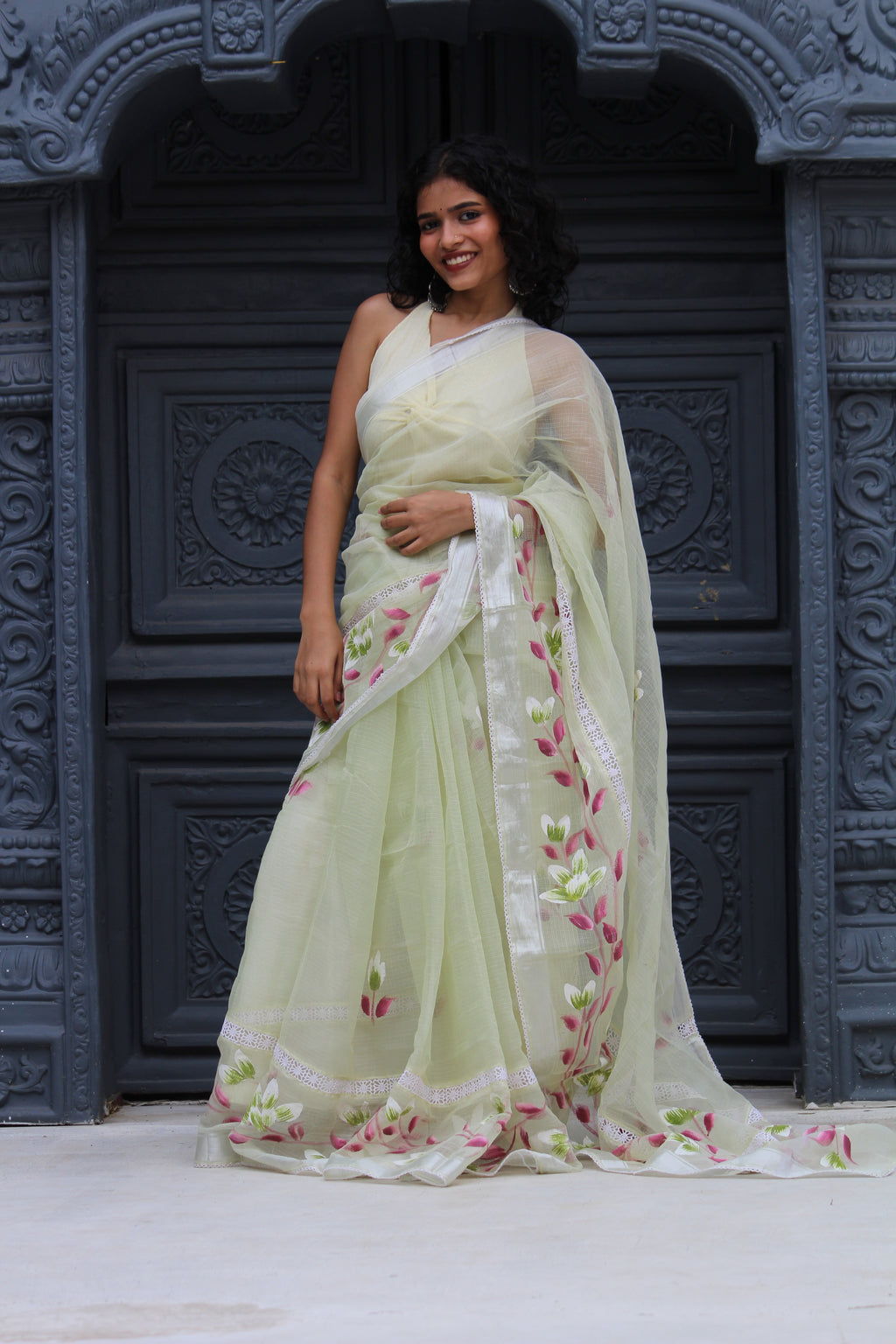 Mint Hand- Brush Painted Saree & Banaras Brocade Blouse Ensemble