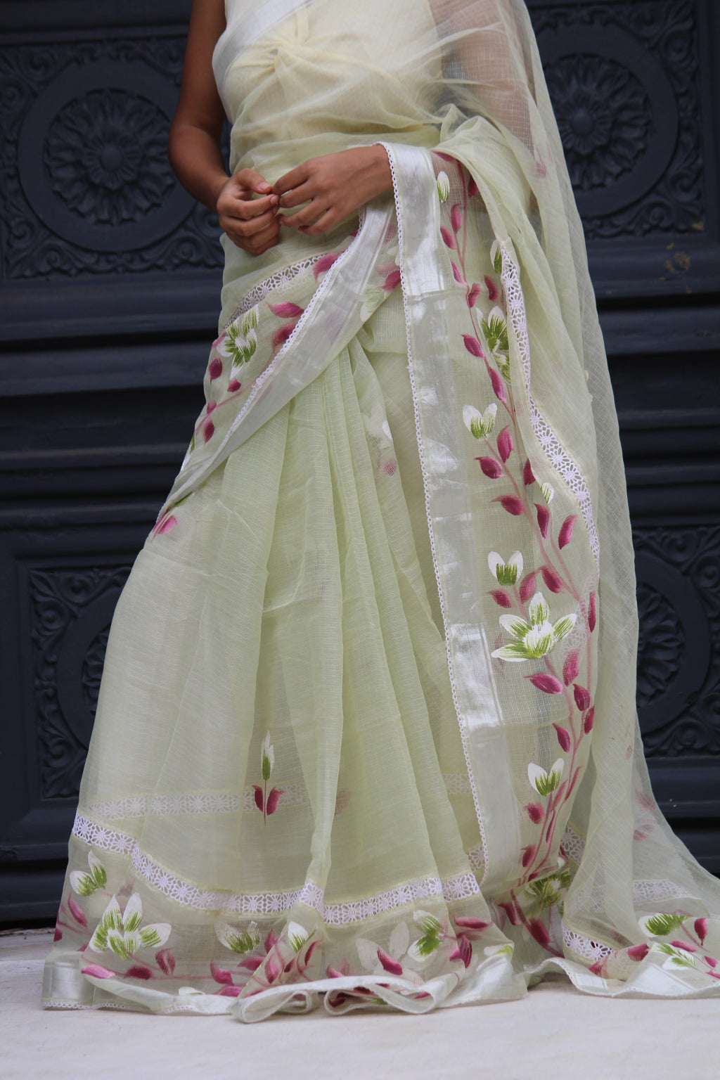 Mint Hand- Brush Painted Saree & Banaras Brocade Blouse Ensemble