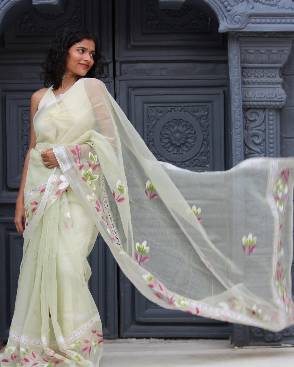 Mint Hand- Brush Painted Saree & Banaras Brocade Blouse Ensemble