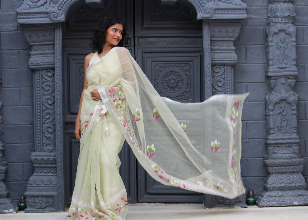 Mint Hand- Brush Painted Saree & Banaras Brocade Blouse Ensemble