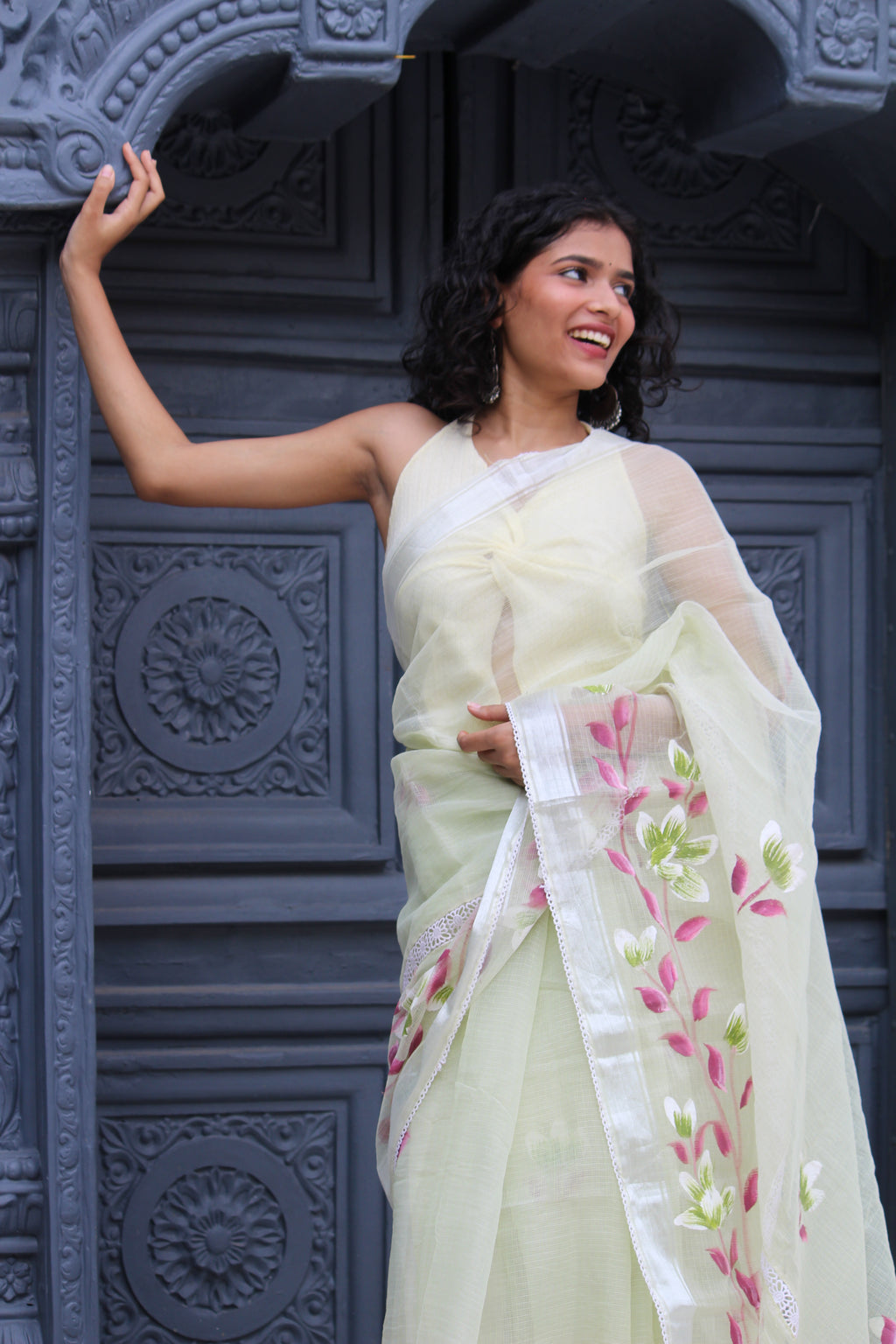 Mint Hand- Brush Painted Saree & Banaras Brocade Blouse Ensemble