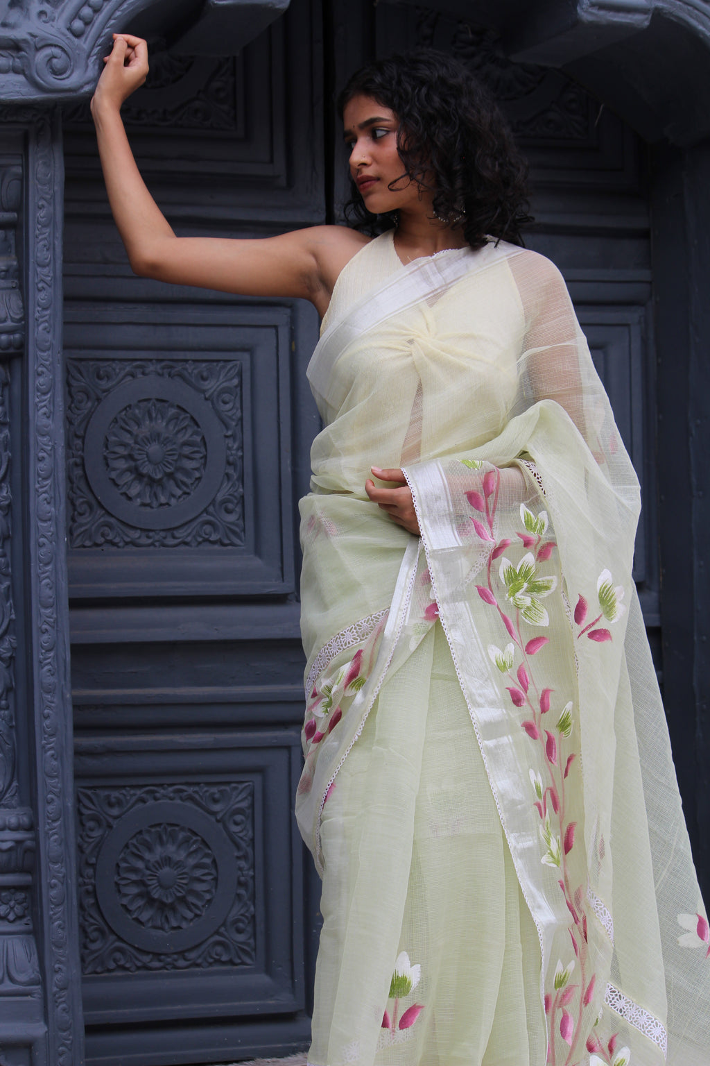 Mint Hand- Brush Painted Saree & Banaras Brocade Blouse Ensemble