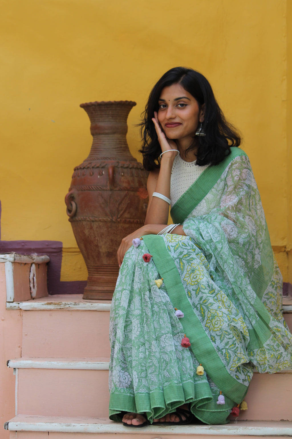 Sage Green Block Print Saree & PatchWork Blouse Ensemble