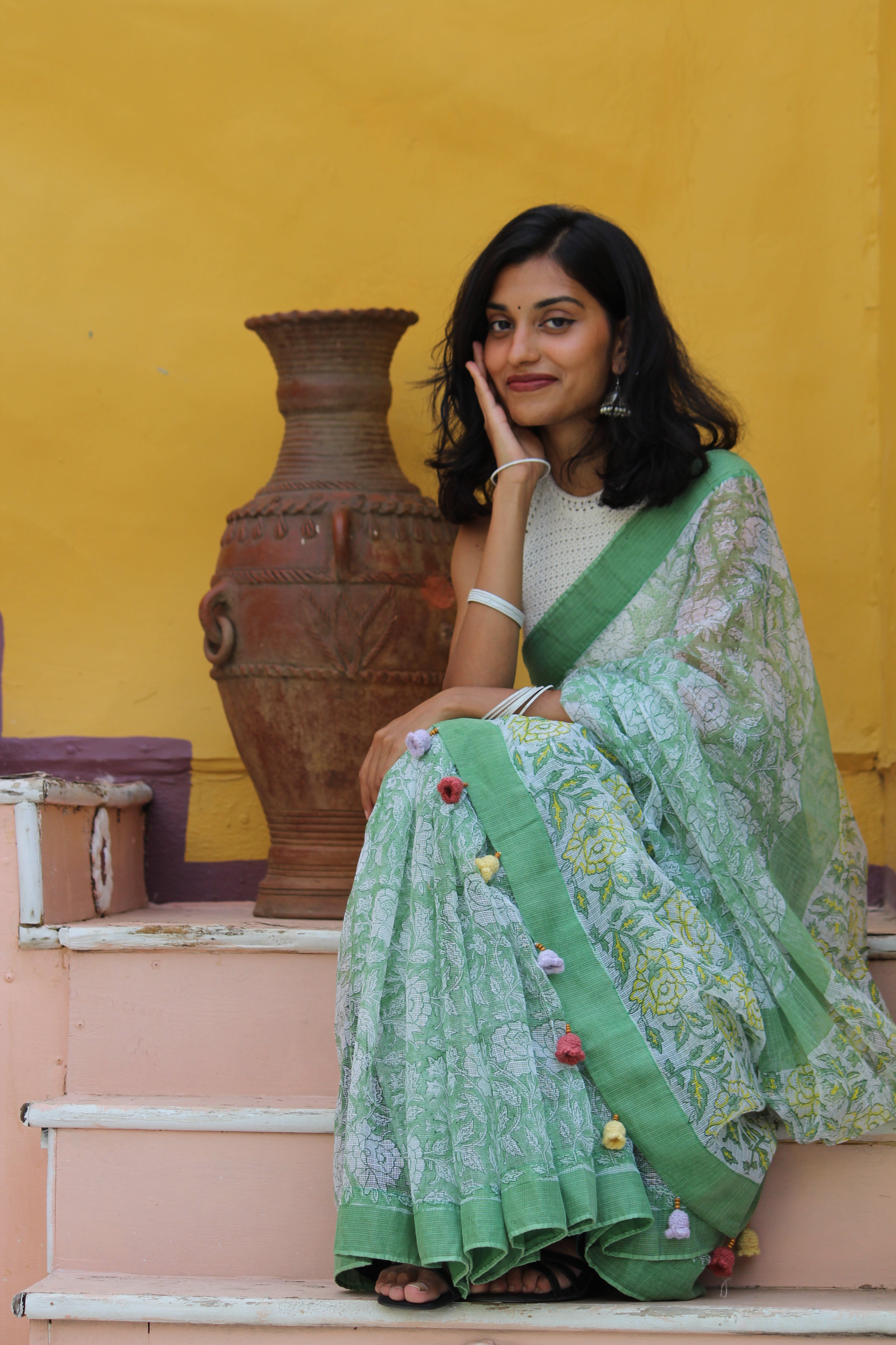 Sage Green Block Print Saree & PatchWork Blouse Ensemble